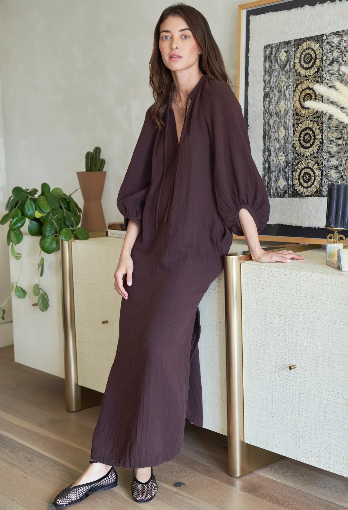 Avery Chocolate Long Tie Neck Dress Gauze Caftan