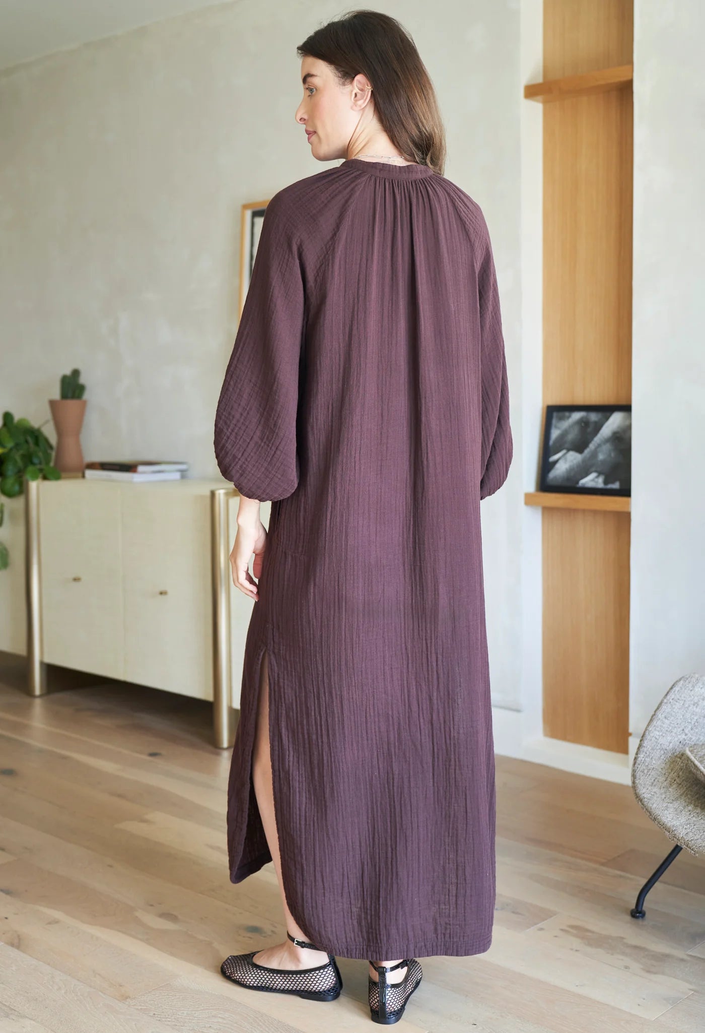 Avery Chocolate Long Tie Neck Dress Gauze Caftan