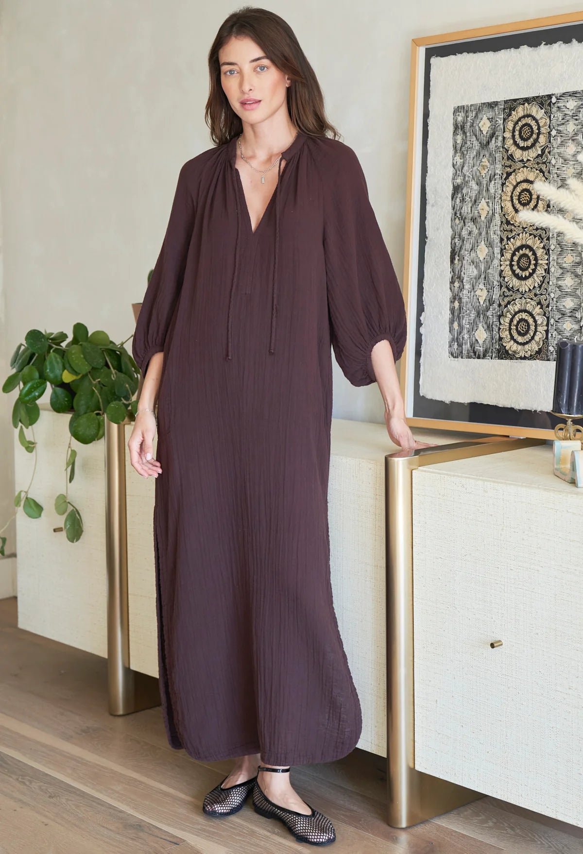 Avery Chocolate Long Tie Neck Dress Gauze Caftan