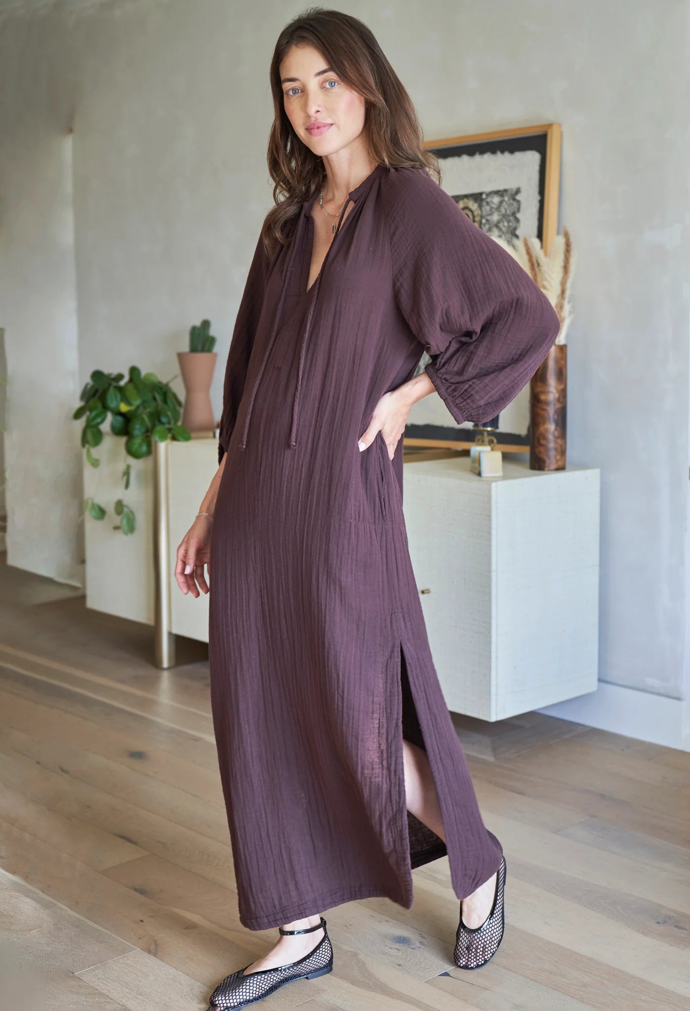 Avery Chocolate Long Tie Neck Dress Gauze Caftan