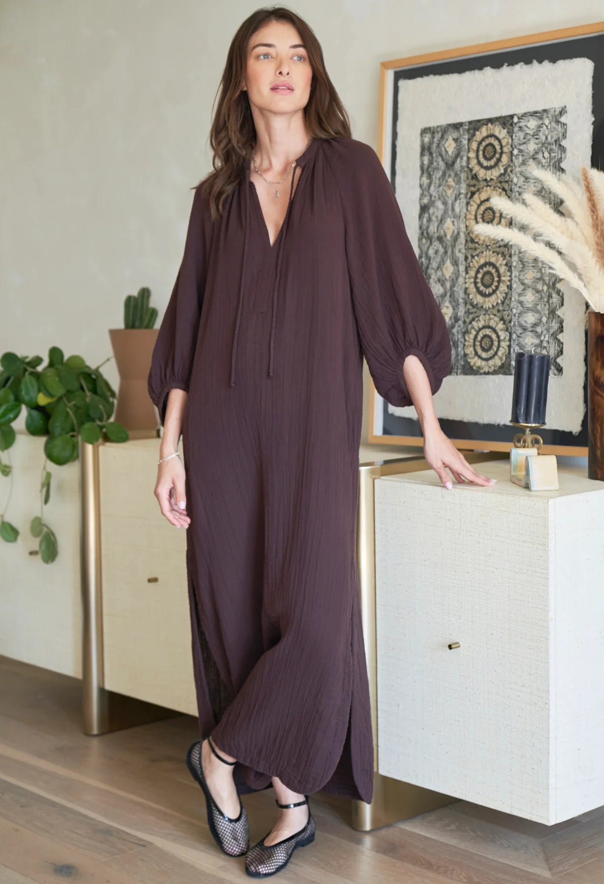 Avery Chocolate Long Tie Neck Dress Gauze Caftan