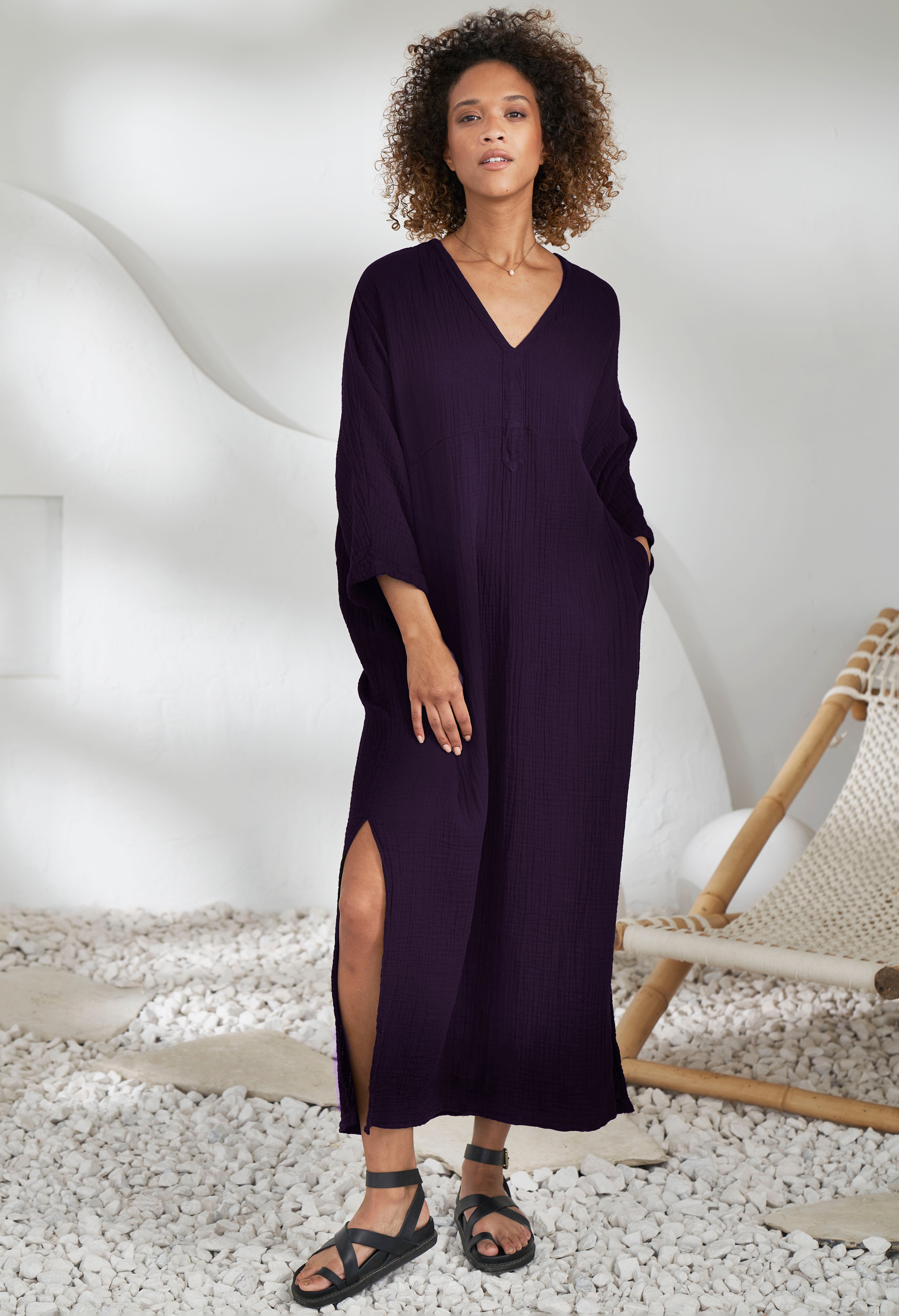 Aubergine Cotton Gauze Arc Seam Caftan