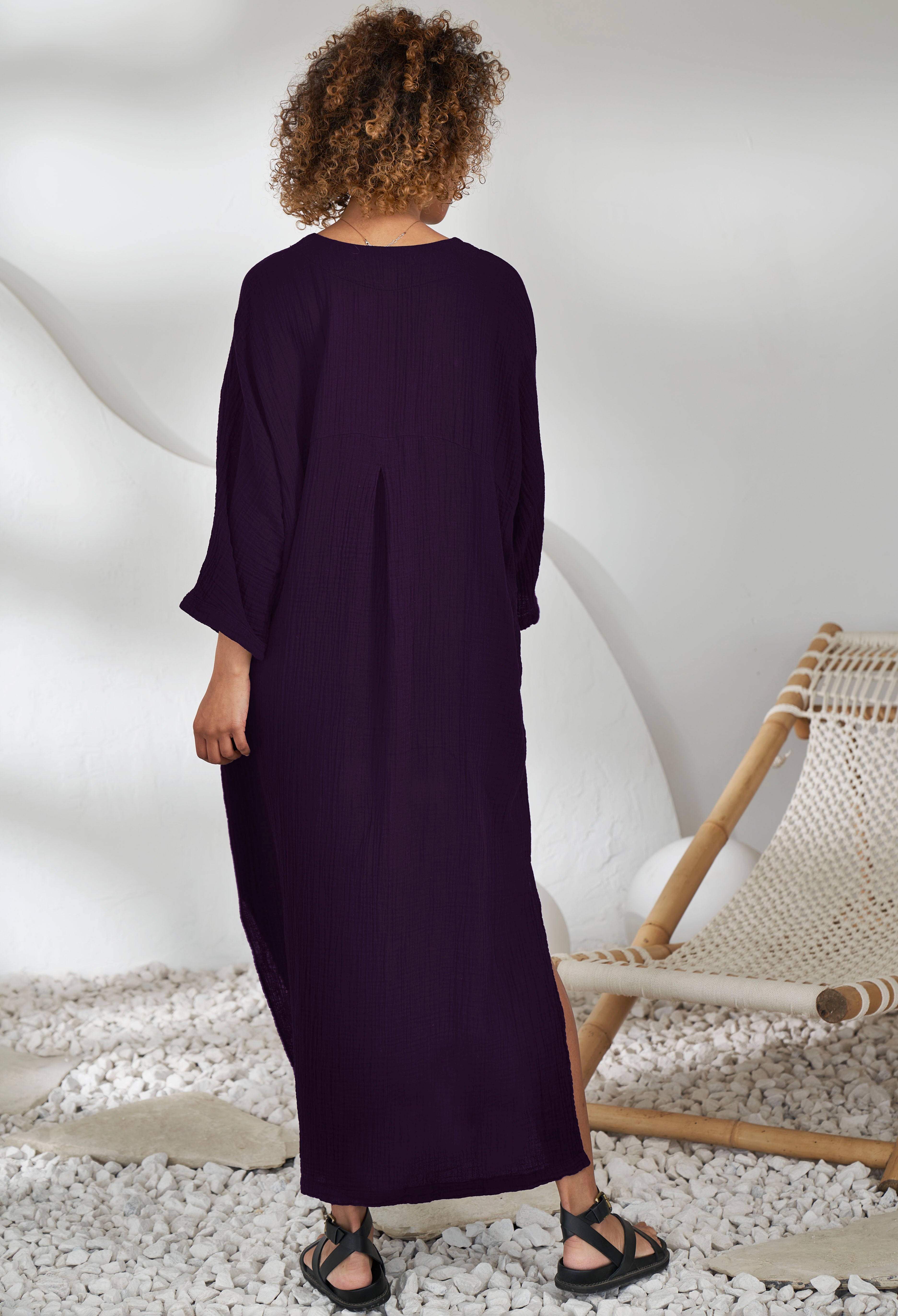 Aubergine Cotton Gauze Arc Seam Caftan