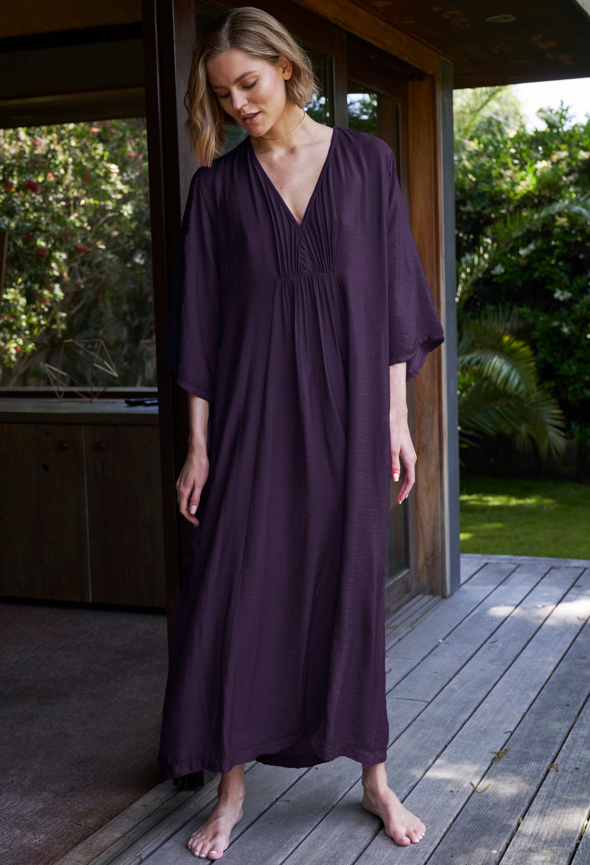 Long Aubergine Cupro Rouched Caftan - Women's V Neck Silk Dress Long Aubergine Cupro Rouched Caftan - Women's V Neck Silk Dress