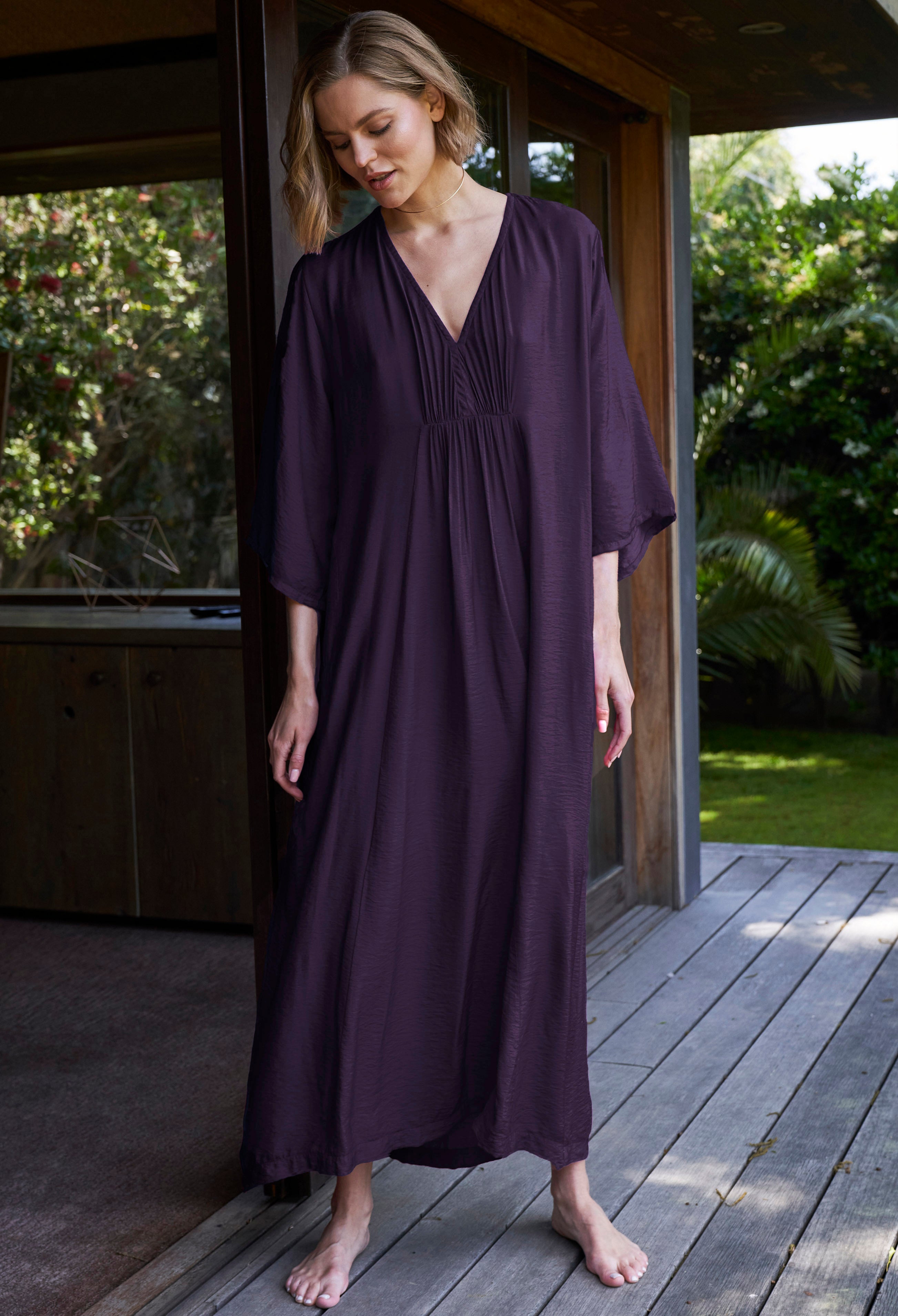 Aubergine Cupro Rouched Front Caftan