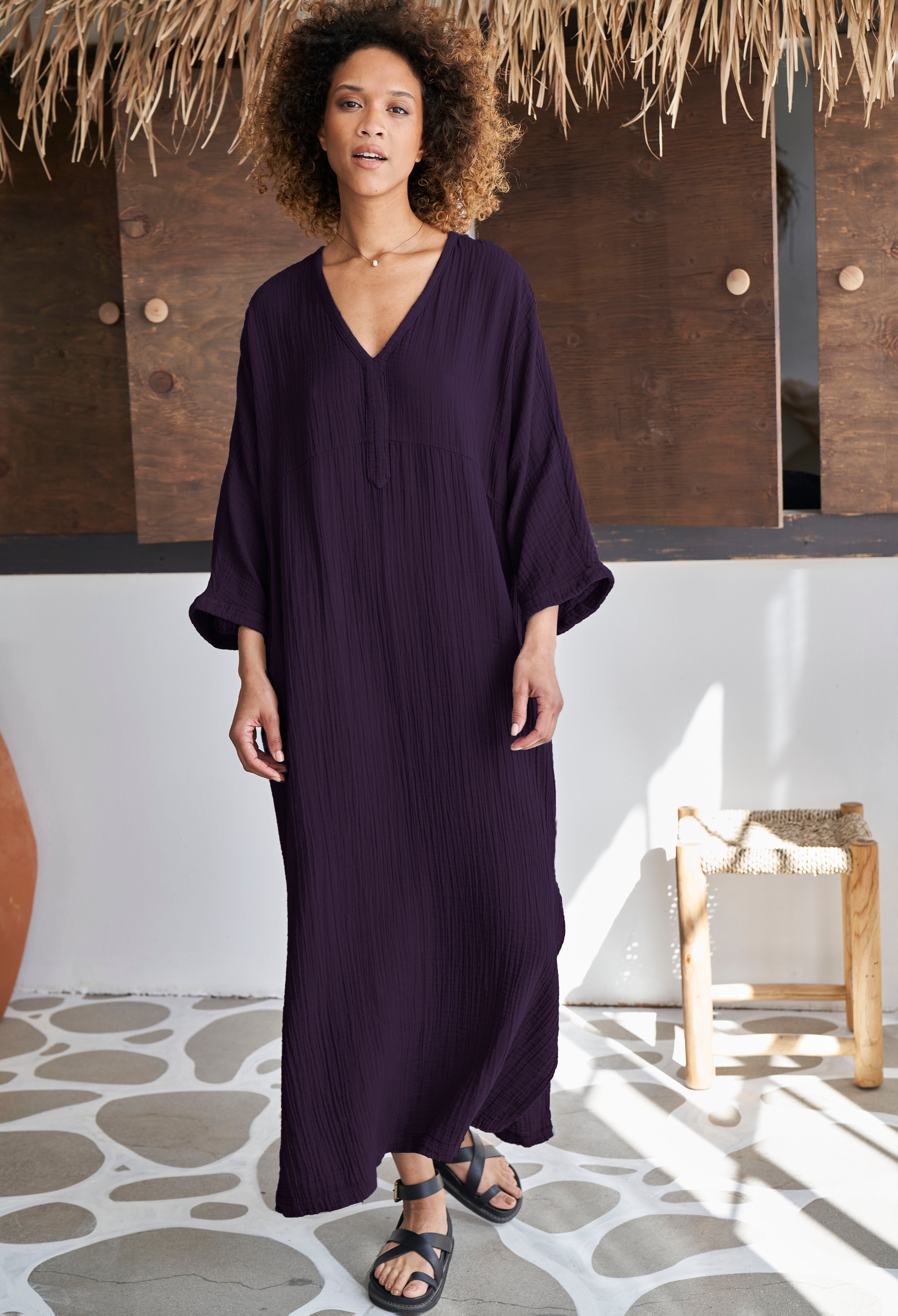 Aubergine Cotton Gauze Arc Seam Caftan