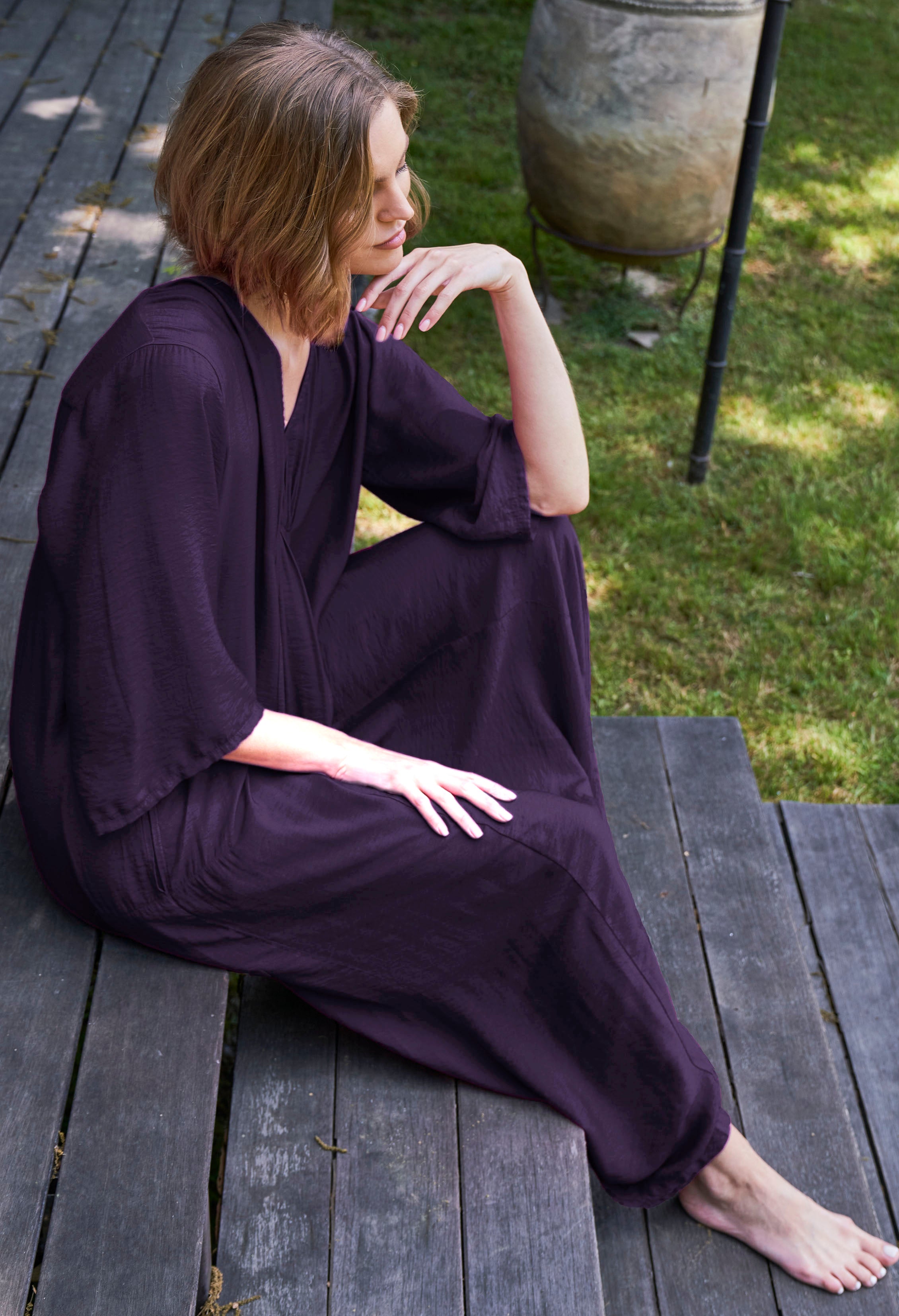 Aubergine Cupro Rouched Front Caftan
