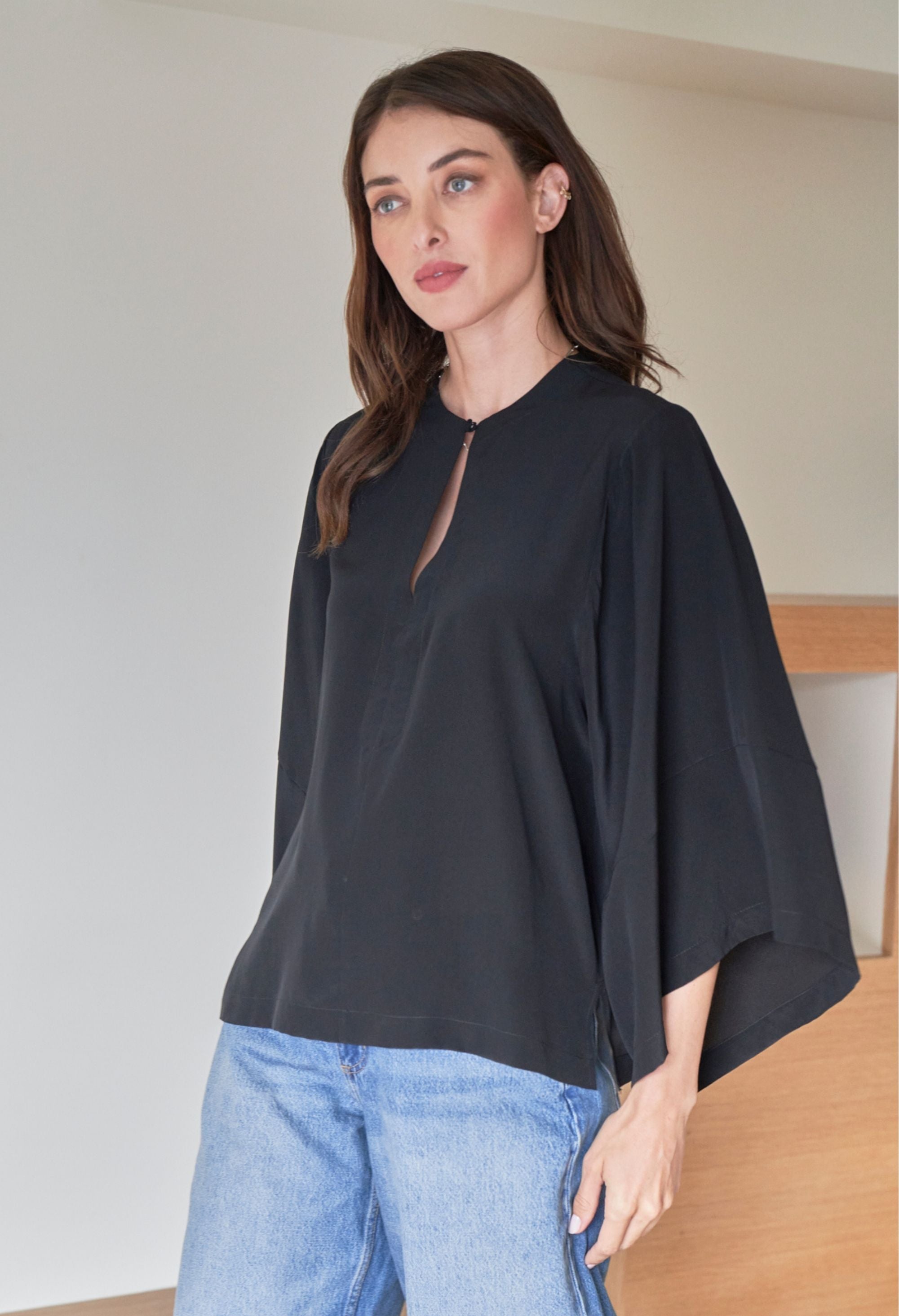 Black Silk Kimono Sleeve Top