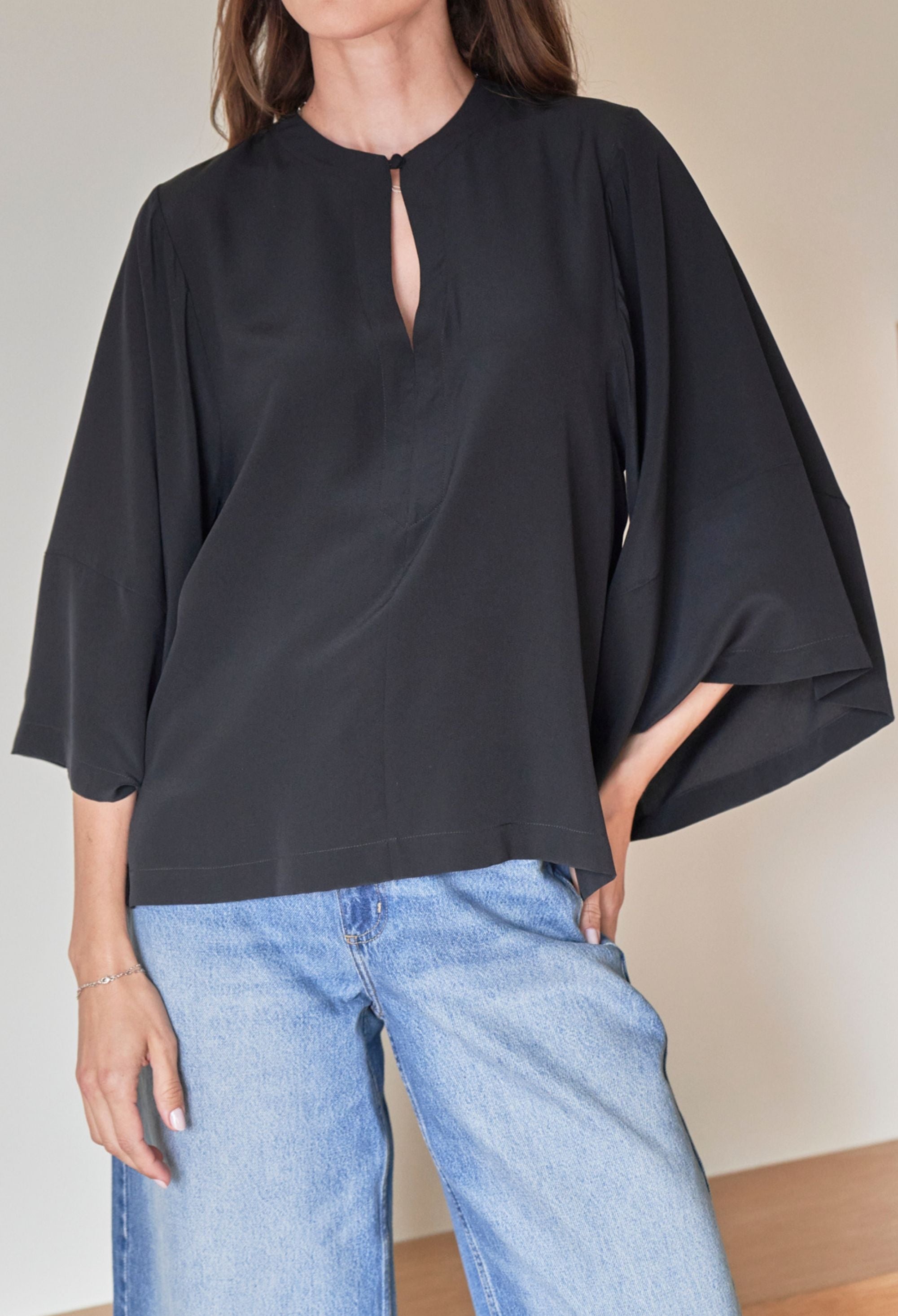 Black Silk Kimono Sleeve Top
