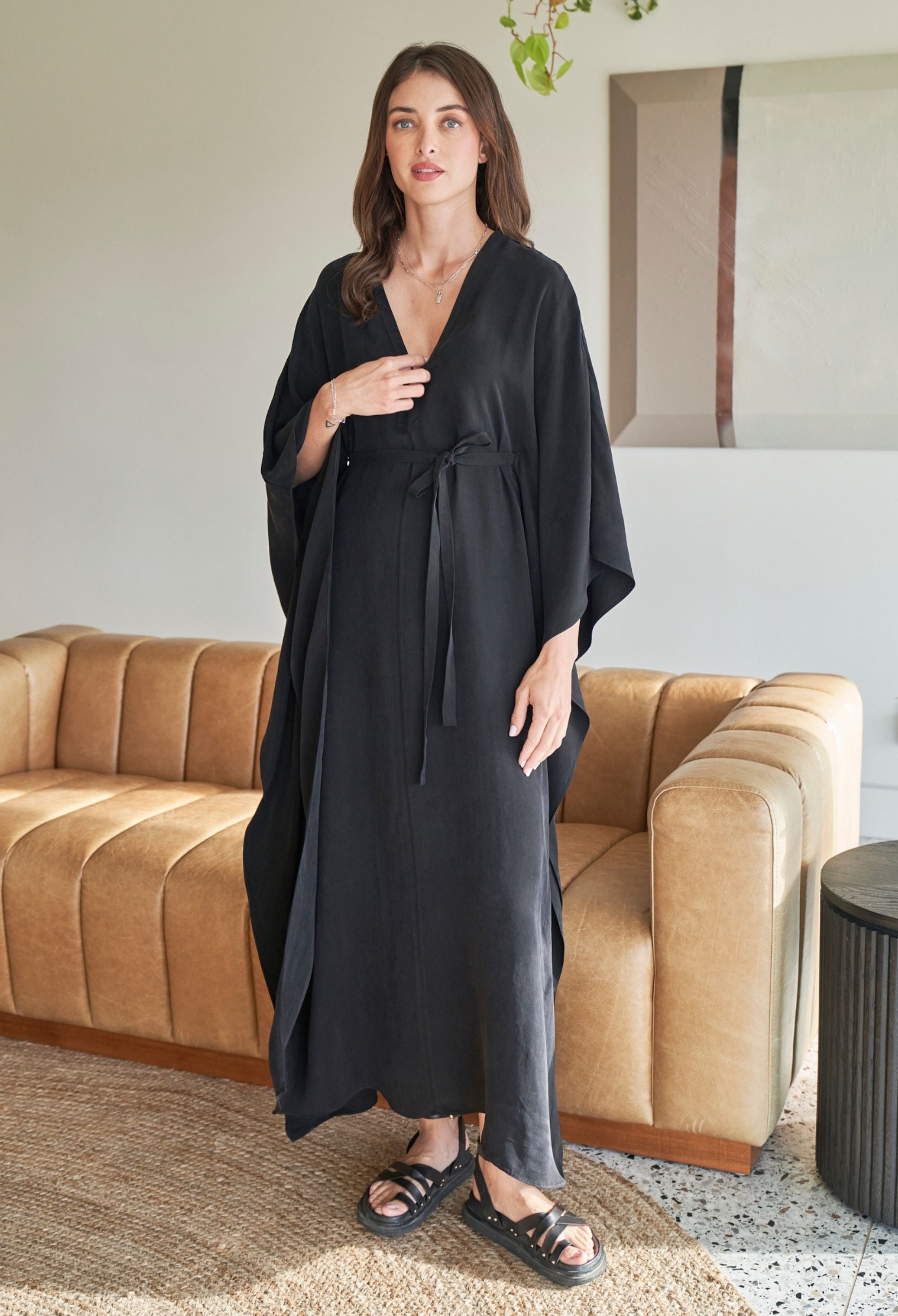 Black Cupro Caftan with Removable Belt