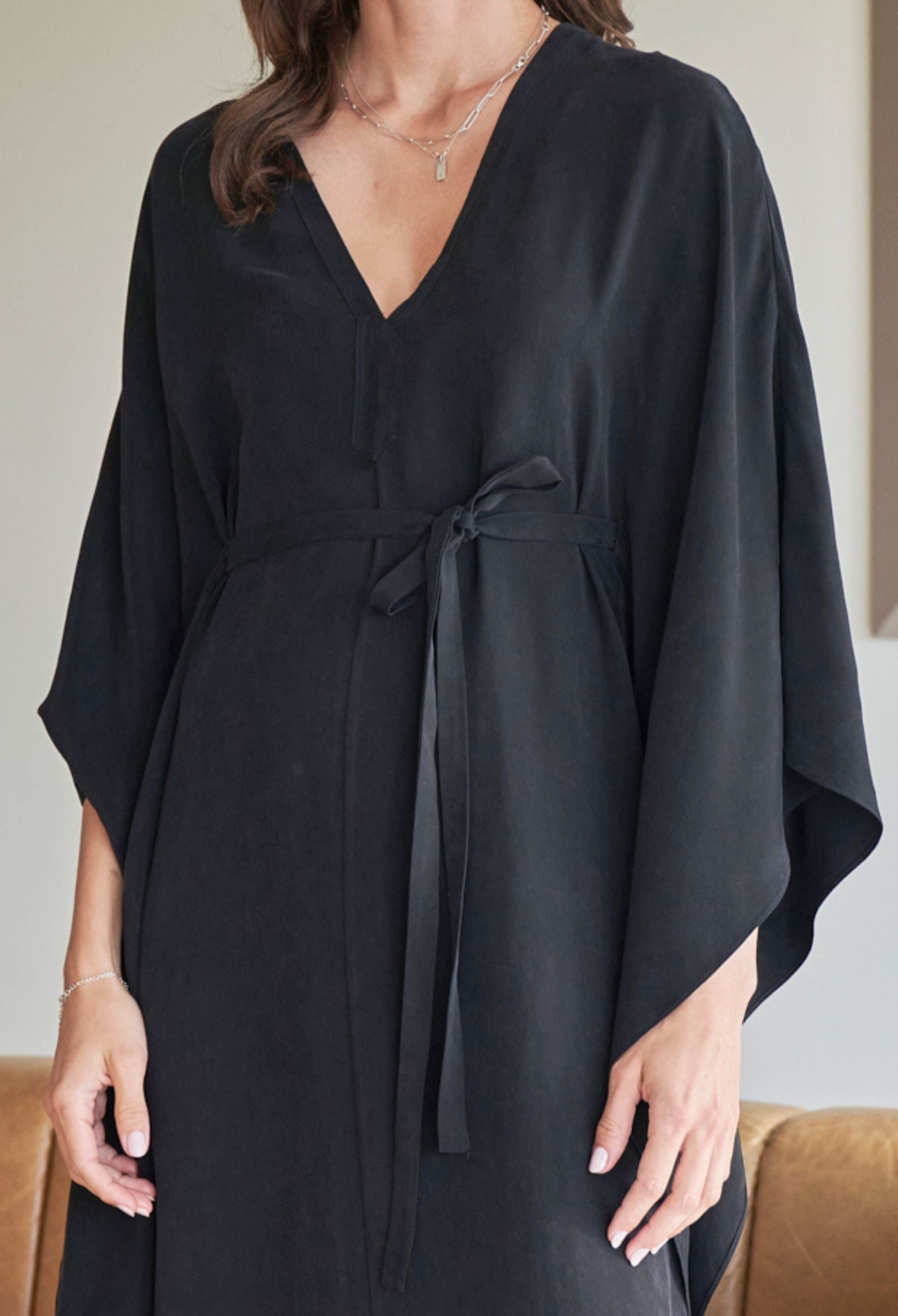 Black Cupro Caftan with Removable Belt