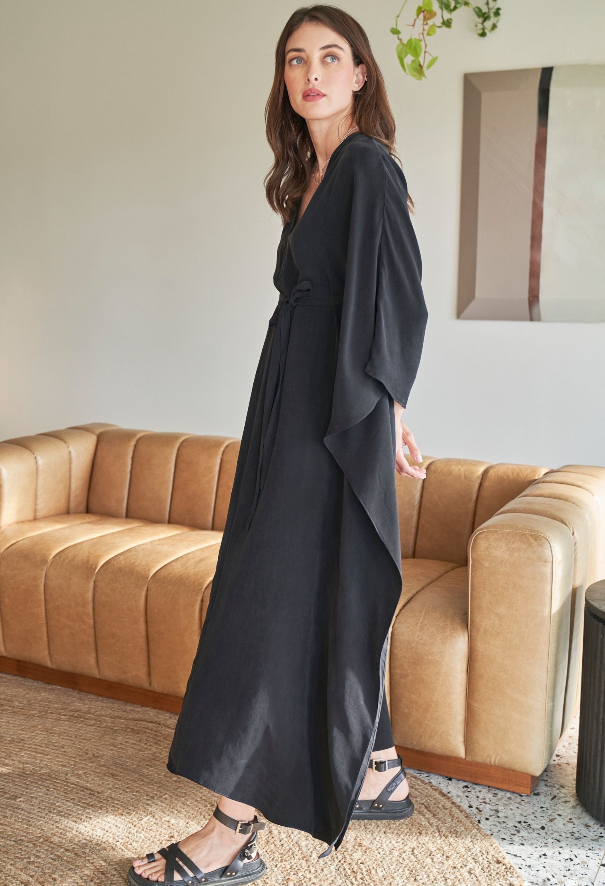 Black Cupro Caftan with Removable Belt