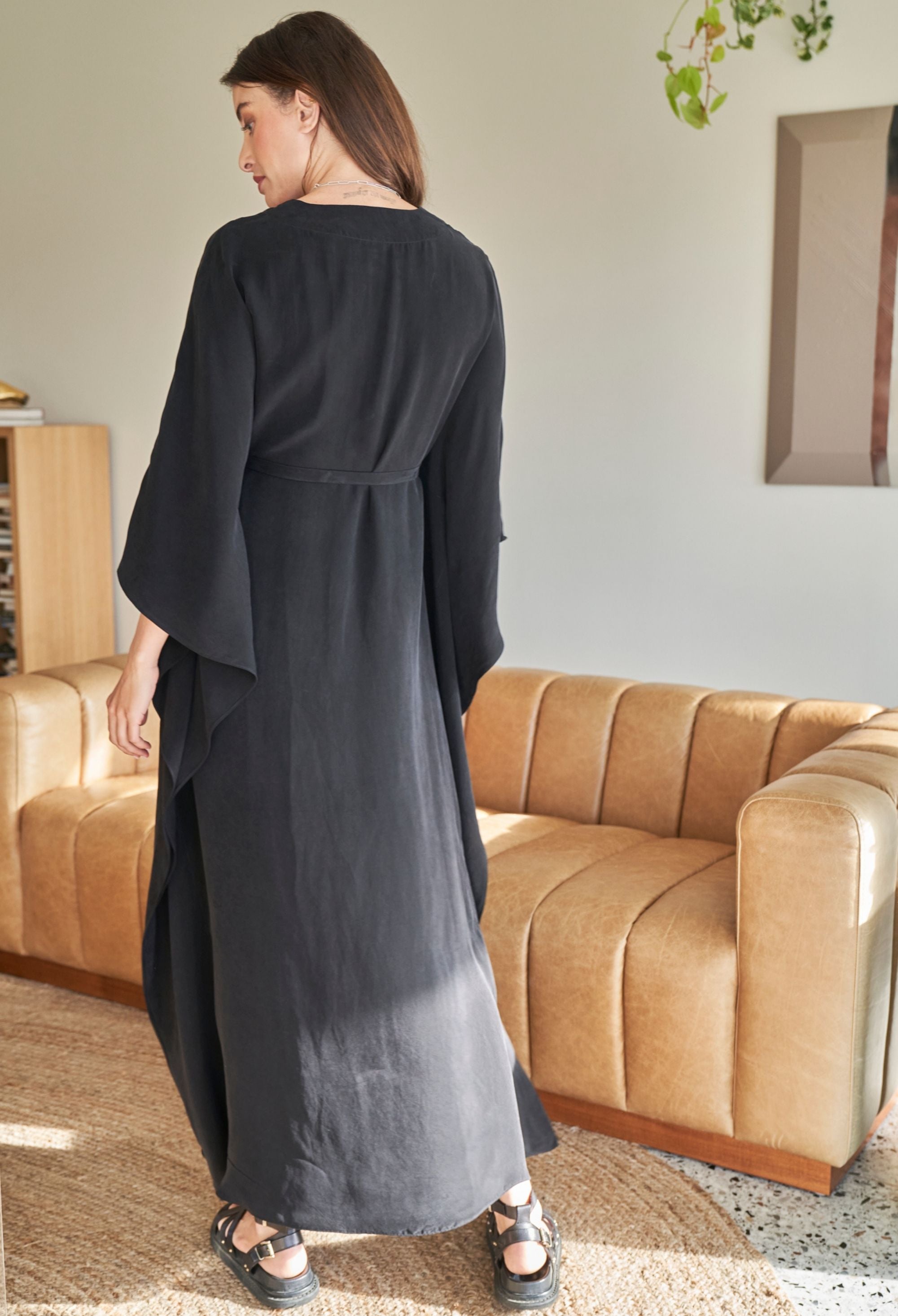 Black Cupro Caftan with Removable Belt