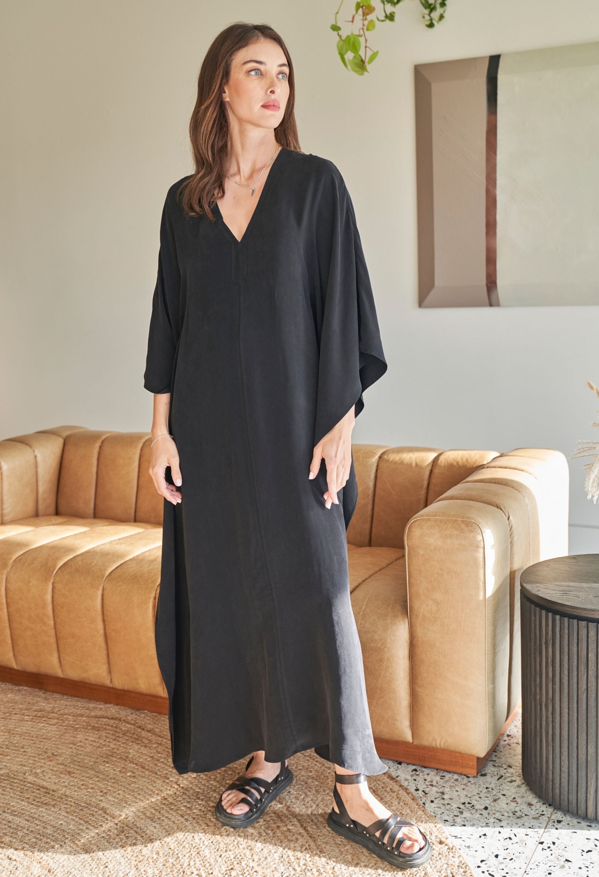 Black Cupro Caftan with Removable Belt