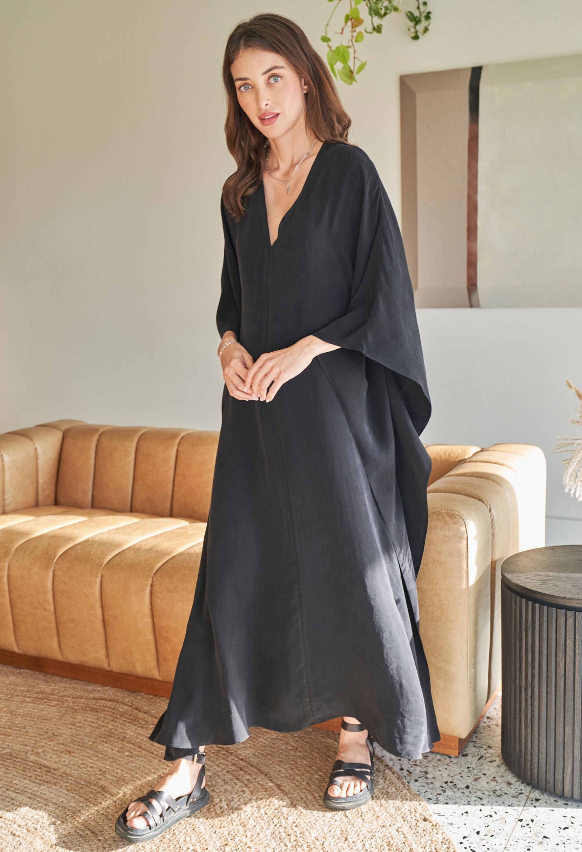 Black Cupro Caftan with Removable Belt