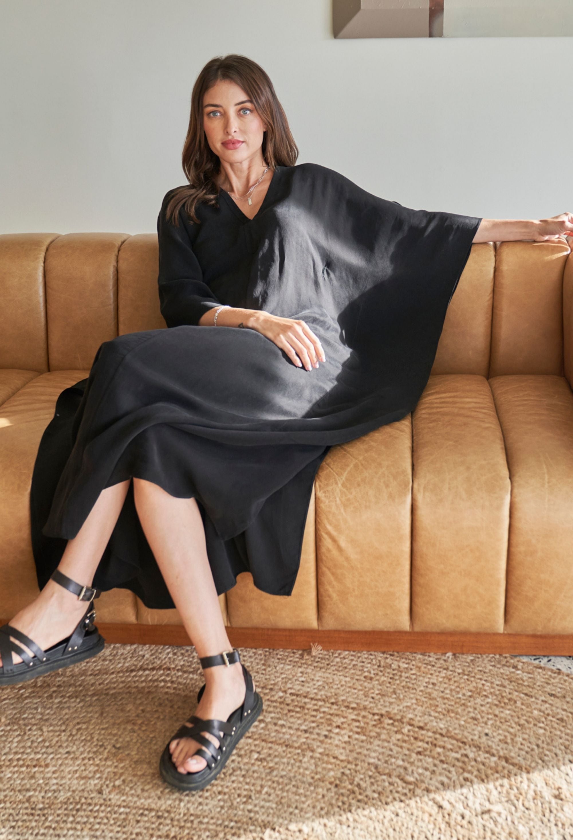 Black Cupro Caftan with Removable Belt