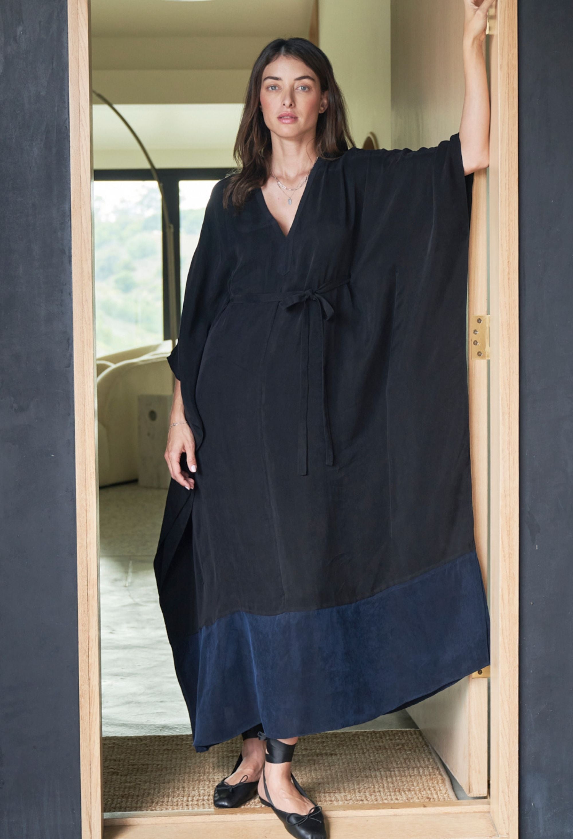 Black and Navy Cupro Caftan with Removable Belt