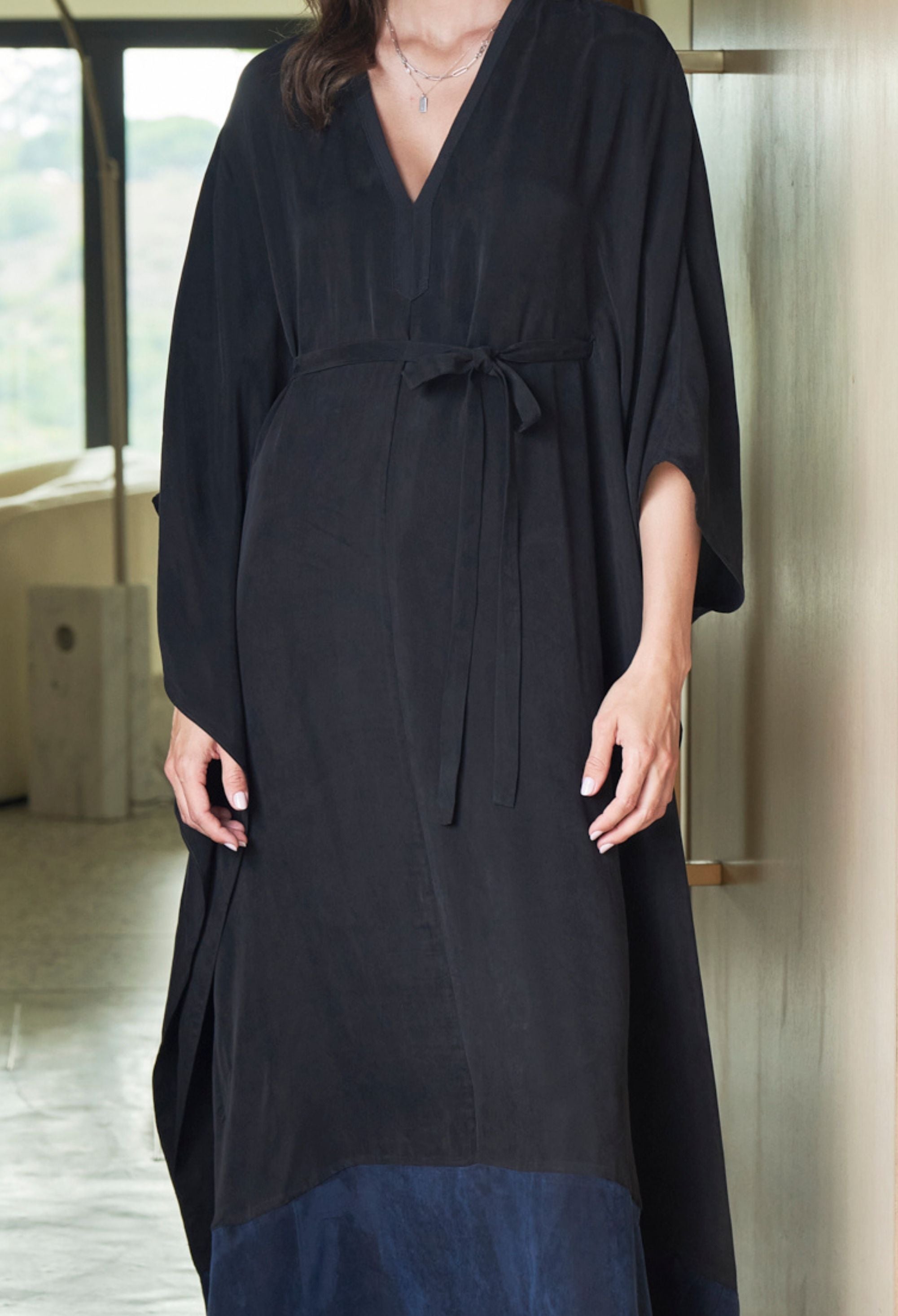 Black and Navy Cupro Caftan with Removable Belt