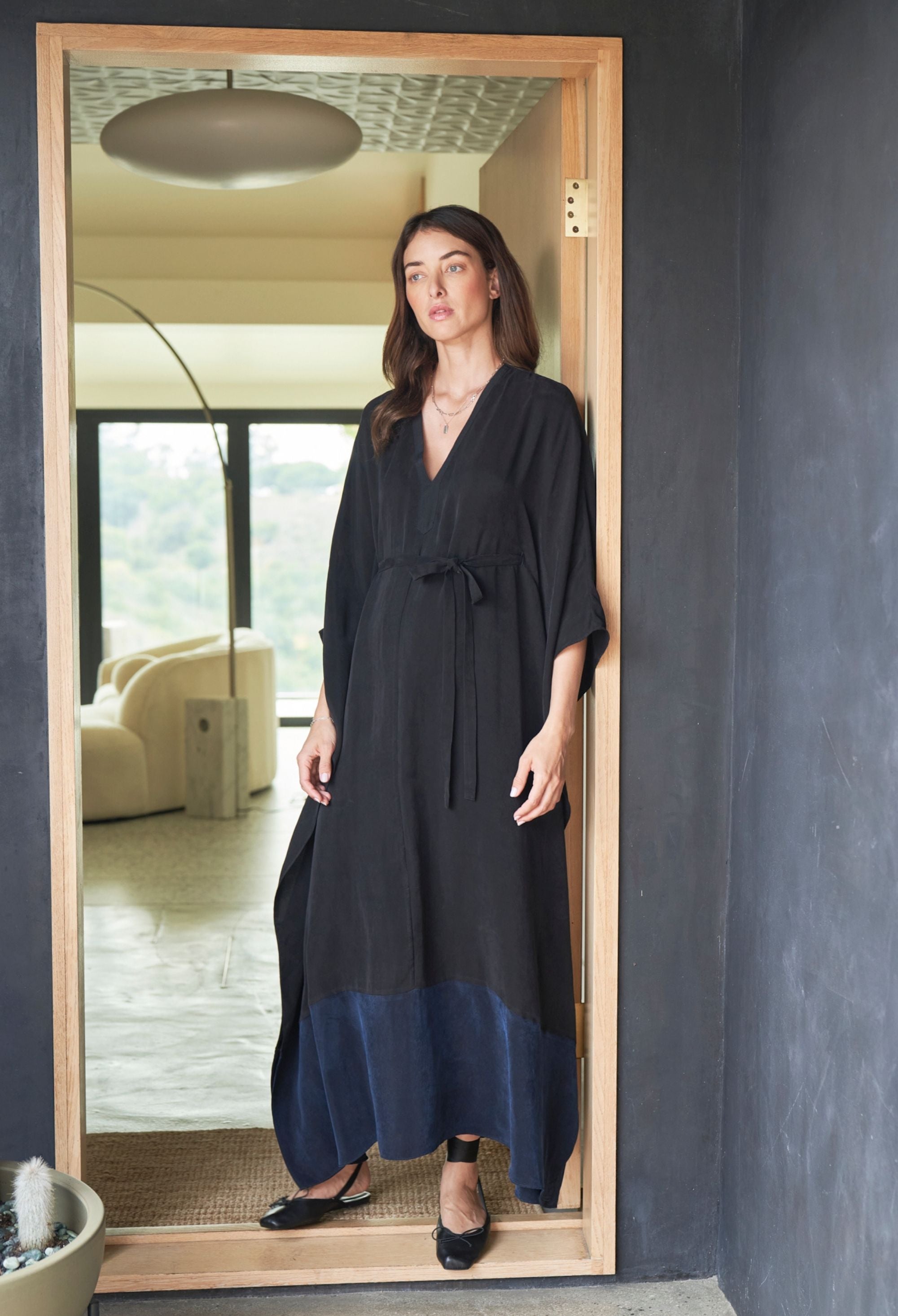Black and Navy Cupro Caftan with Removable Belt
