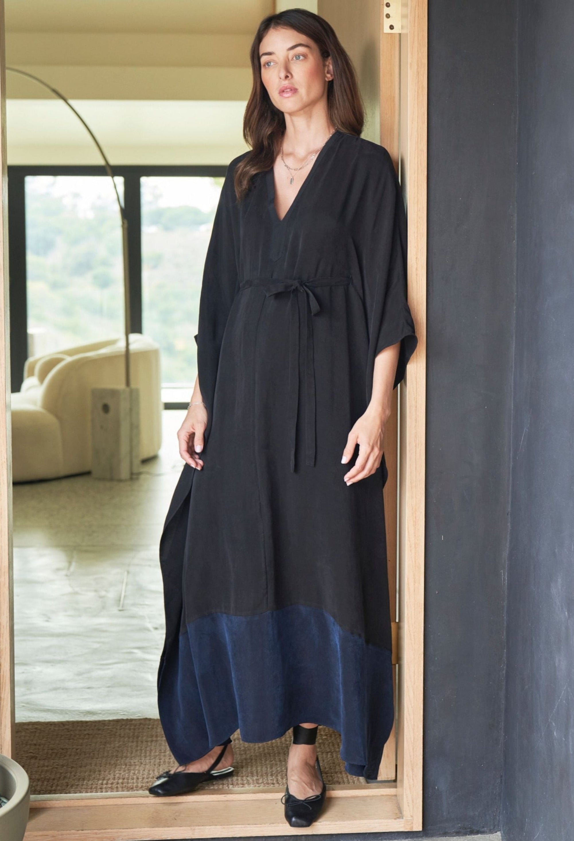 Black and Navy Cupro Caftan with Removable Belt
