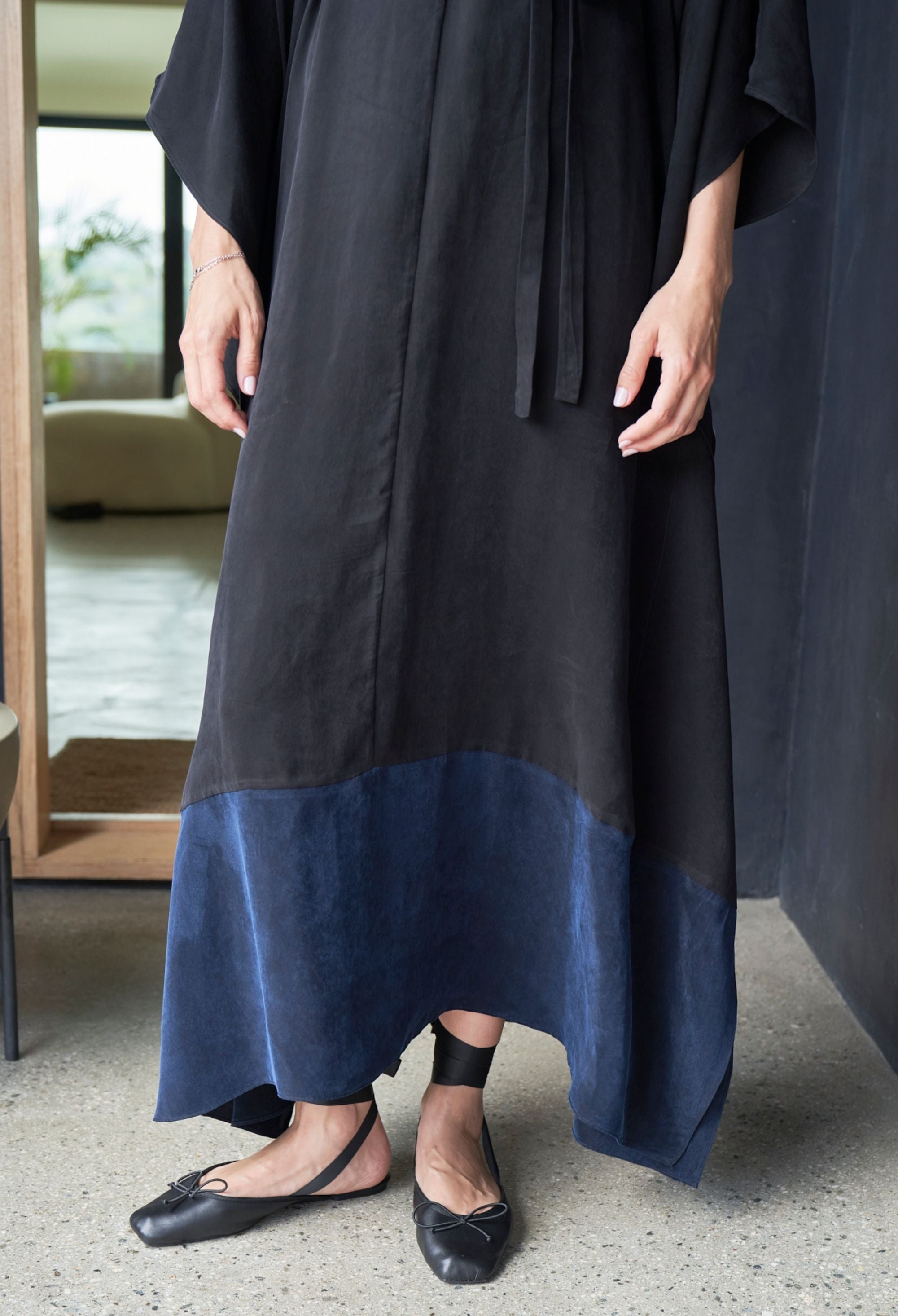 Black and Navy Cupro Caftan with Removable Belt