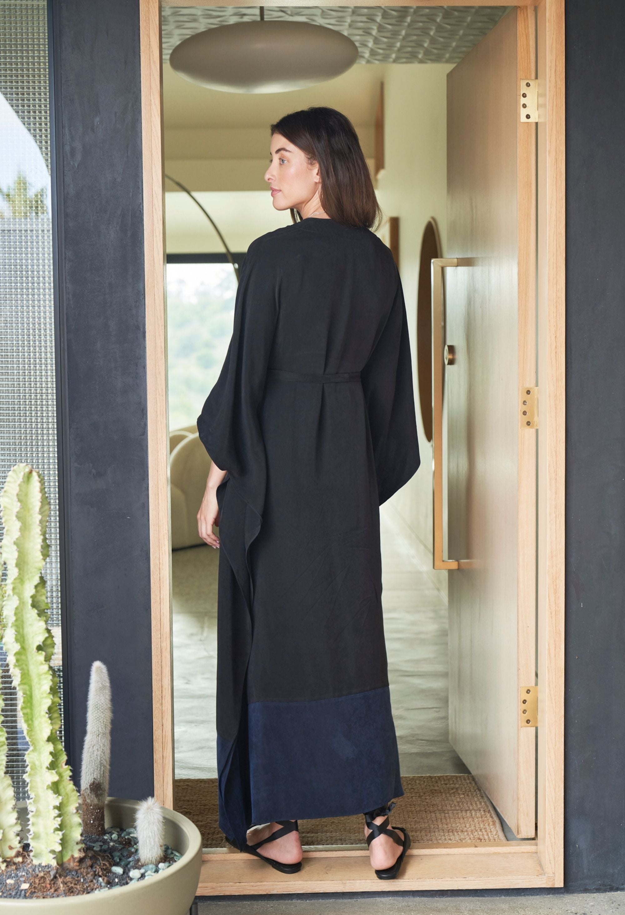 Black and Navy Cupro Caftan with Removable Belt