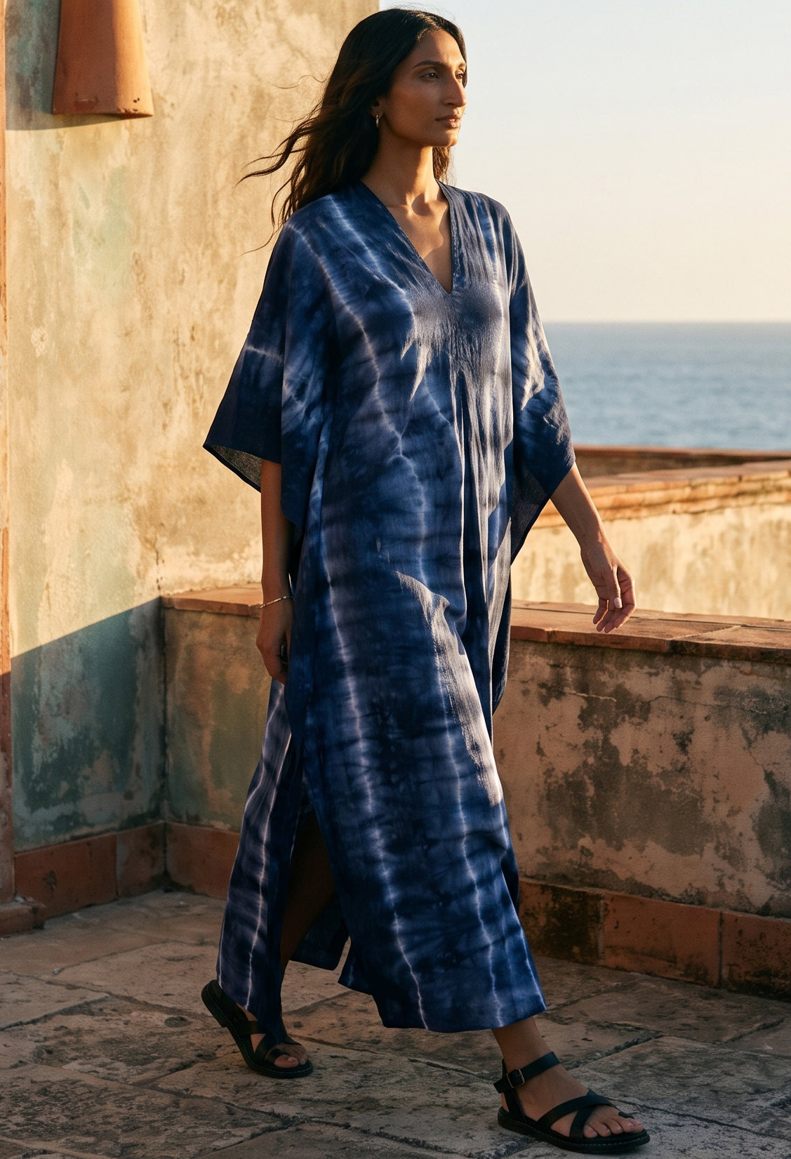 Long Navy Tie Dye Maxi Cotton Classic Caftan