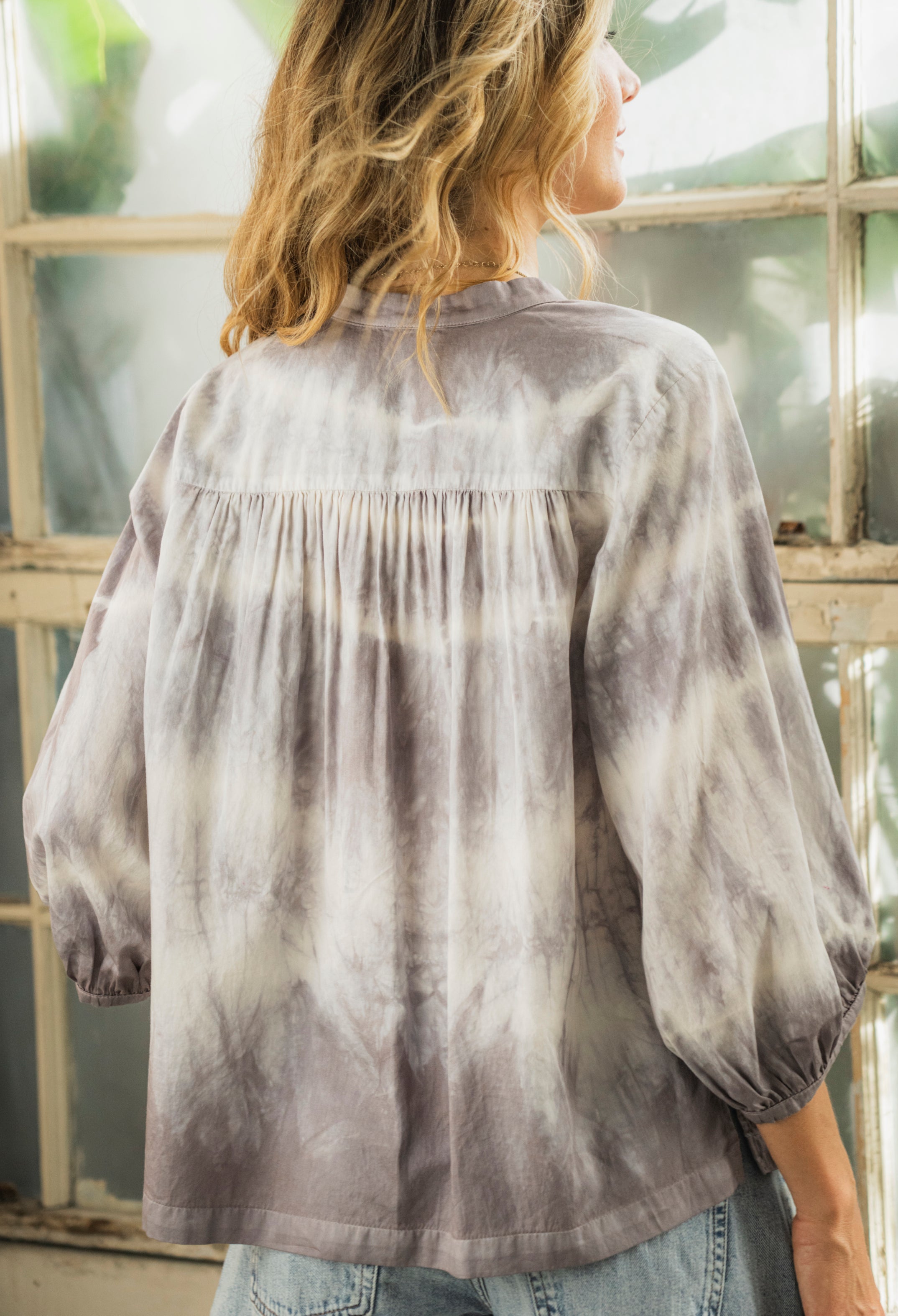 Grey Tie Dye Cotton Poplin Peasant Top