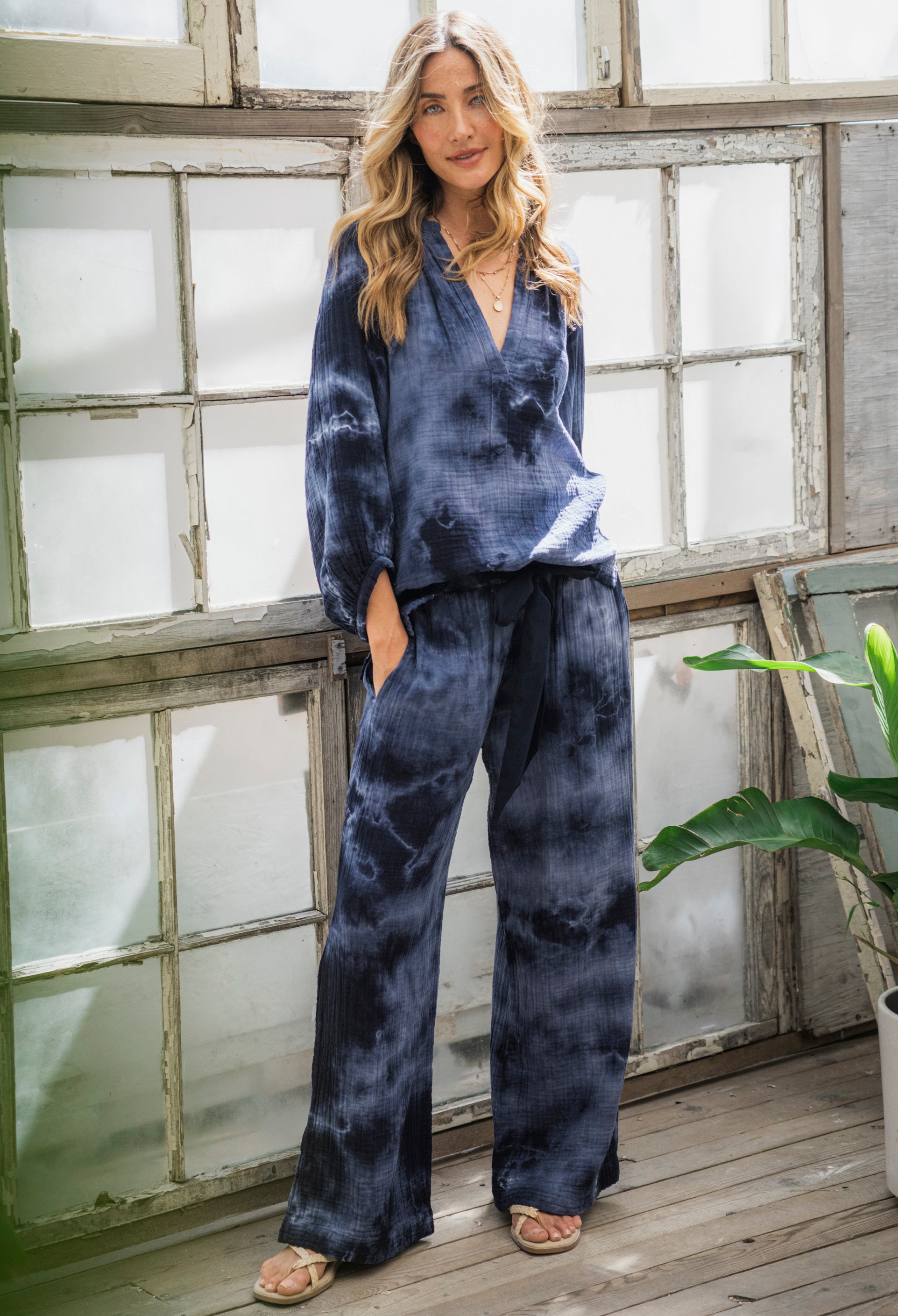 Milky Way Navy Tie Dye Gauze Palazzo Pant with Satin Tie Belt