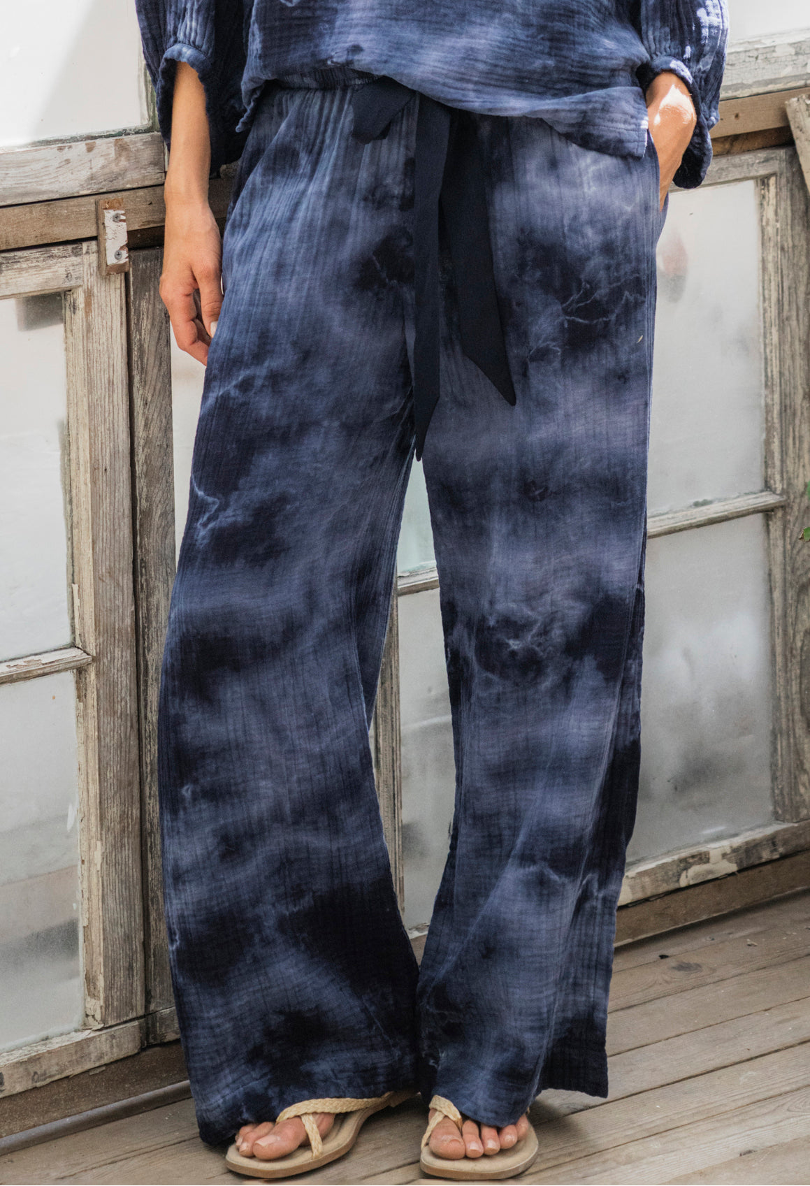 Milky Way Navy Tie Dye Gauze Palazzo Pant with Satin Tie Belt