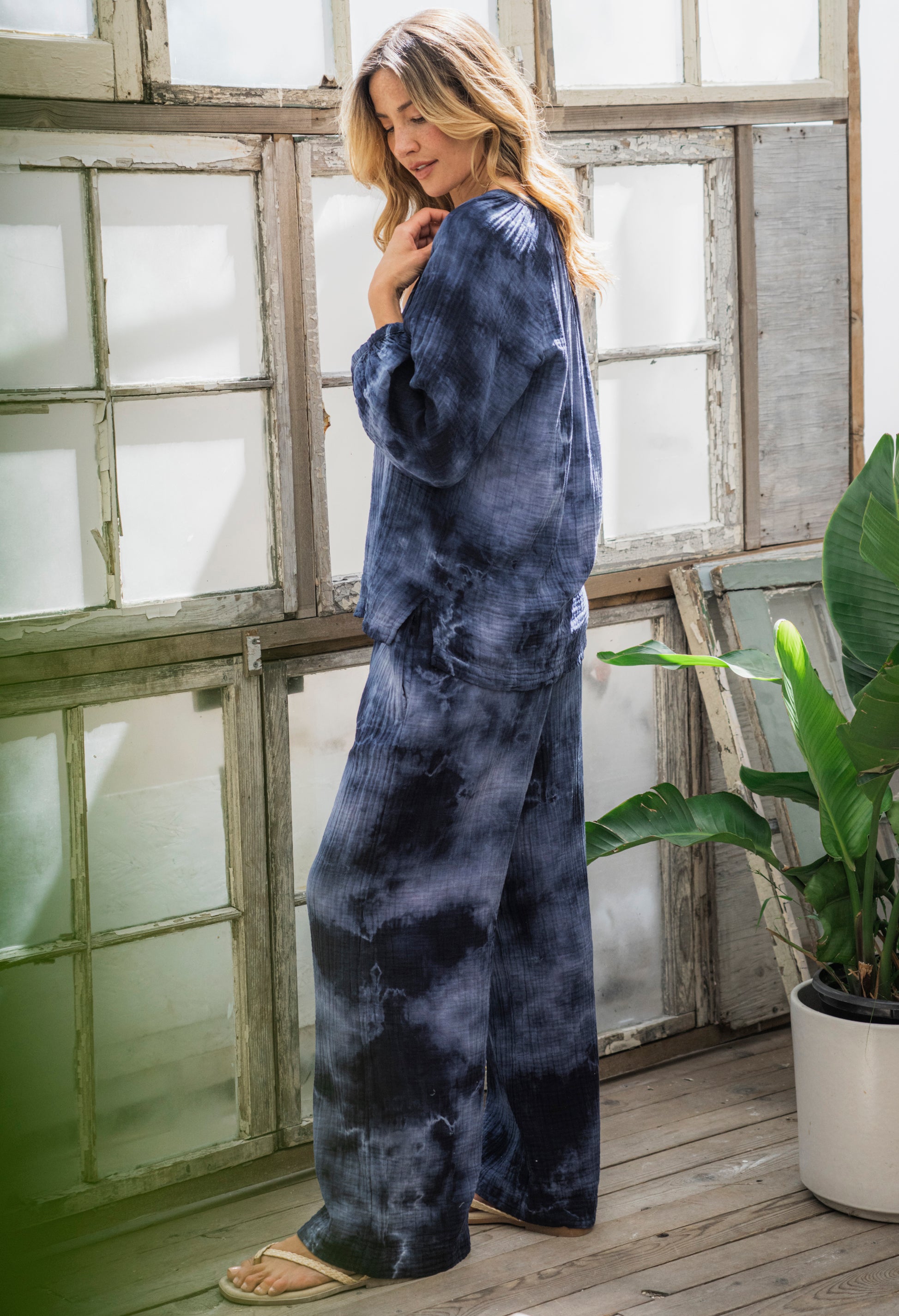 Milky Way Navy Tie Dye Gauze Palazzo Pant with Satin Tie Belt