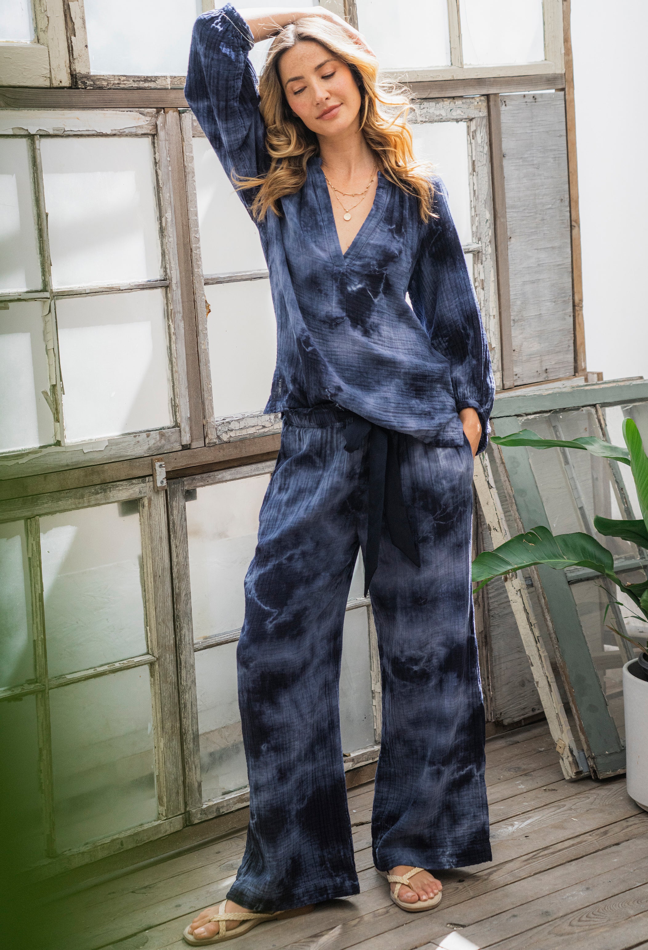 Milky Way Navy Tie Dye Gauze Palazzo Pant with Satin Tie Belt