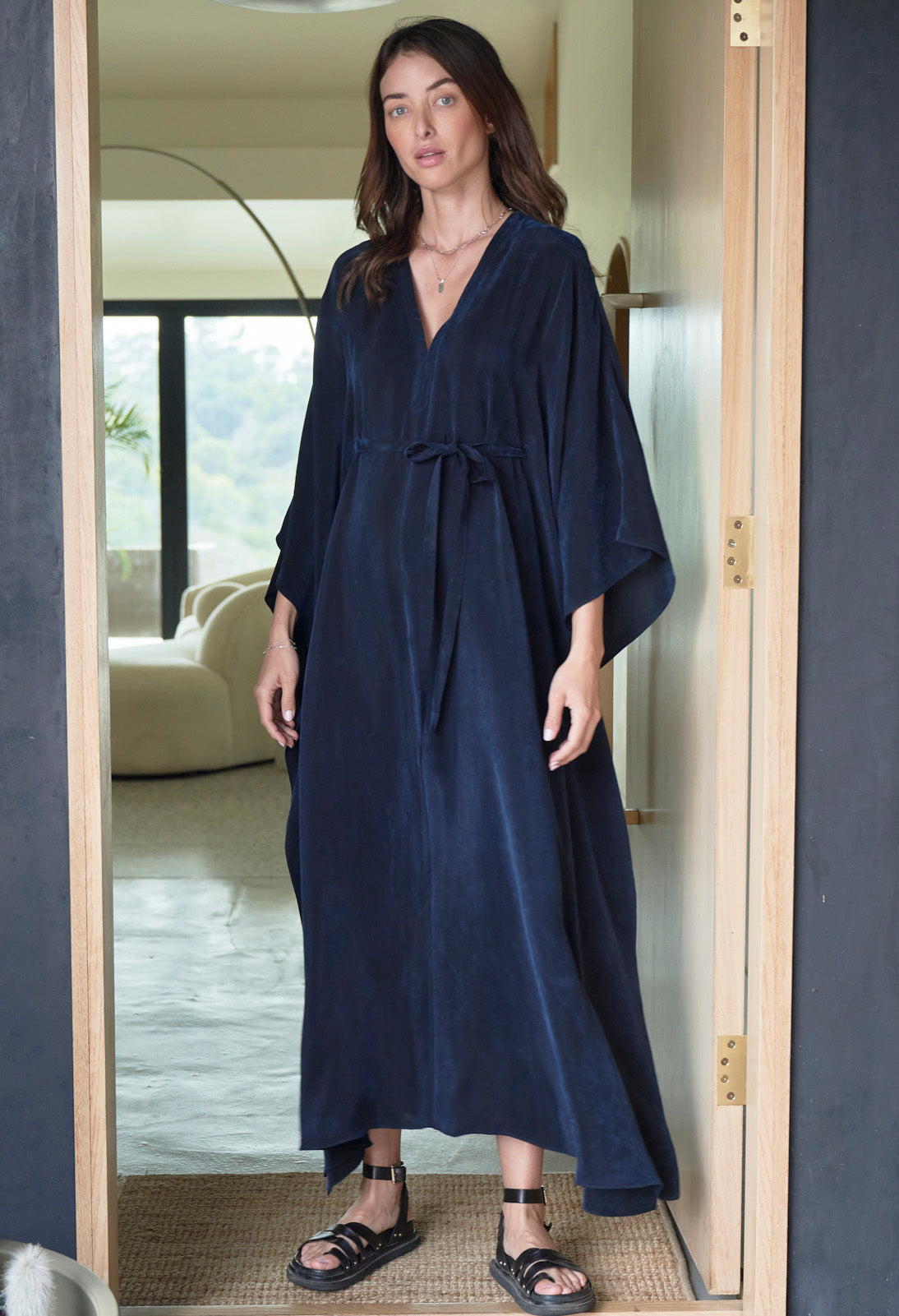 Navy Cupro Caftan with Removable Belt