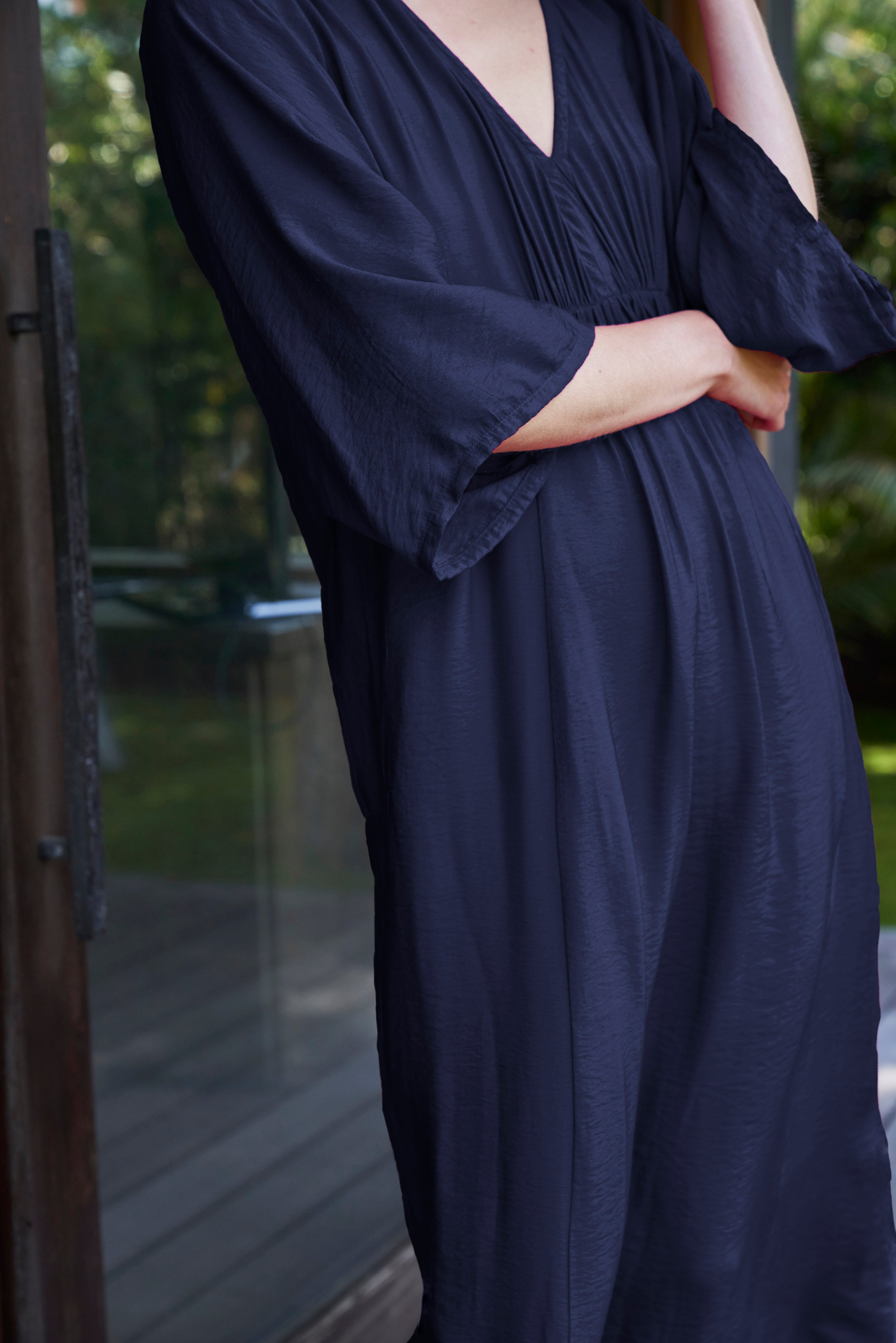 Navy Cupro Rouched Front Caftan