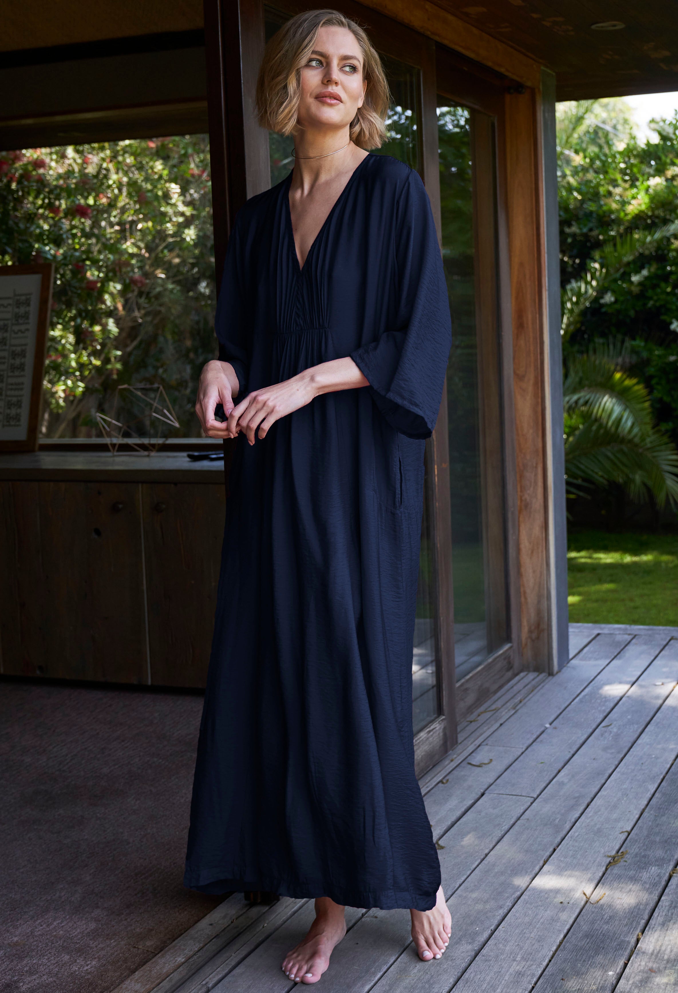Navy Cupro Rouched Front Caftan