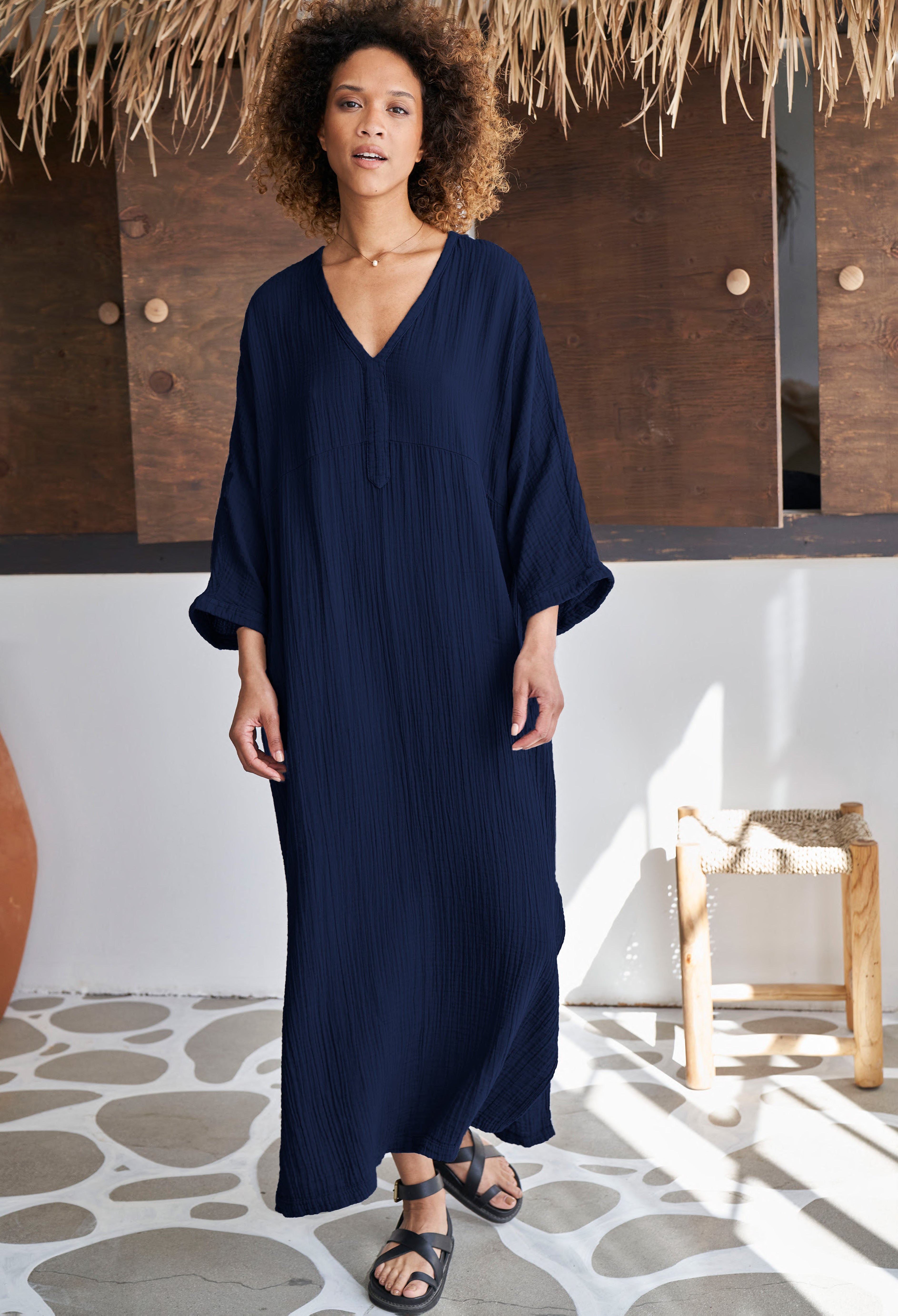 Navy Cotton Gauze Arc Seam Caftan