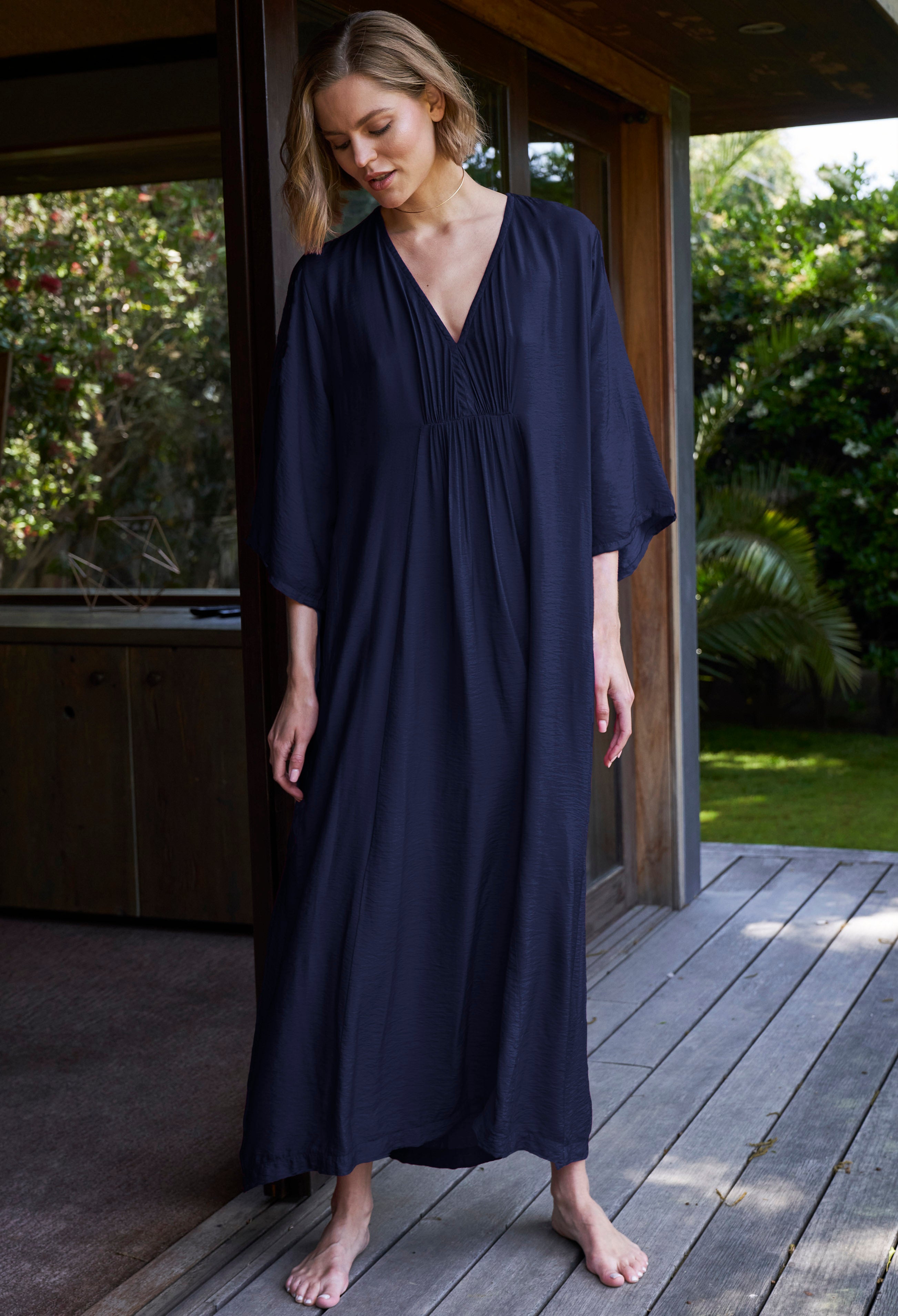 Navy Cupro Rouched Front Caftan