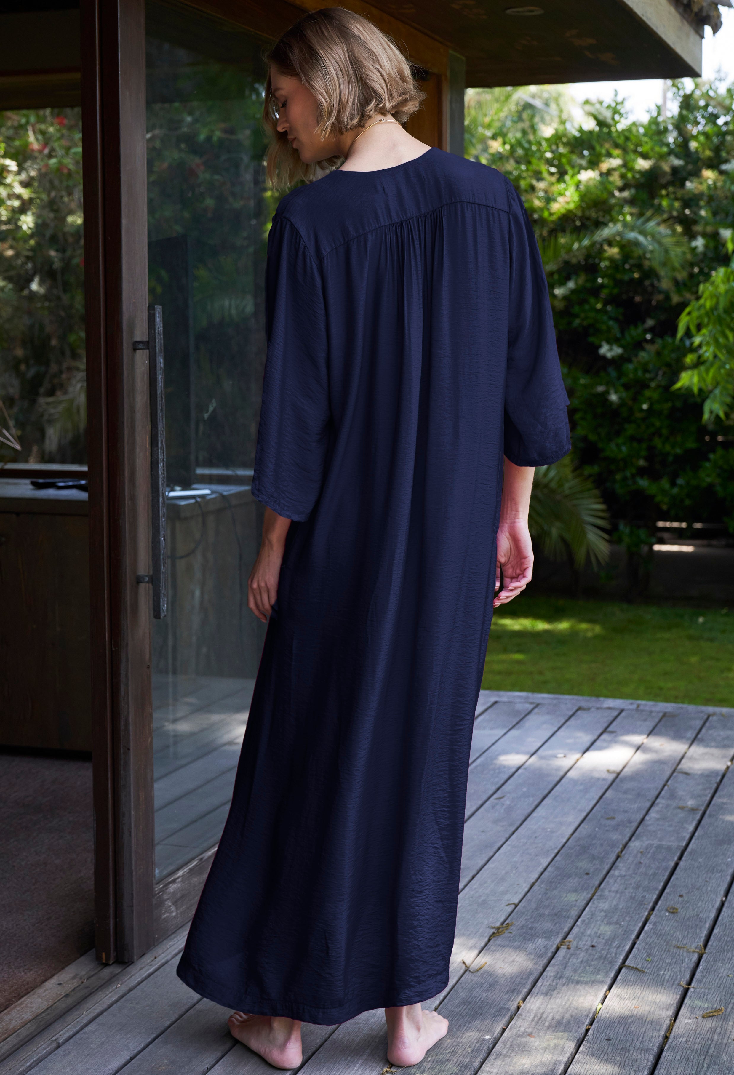 Navy Cupro Rouched Front Caftan