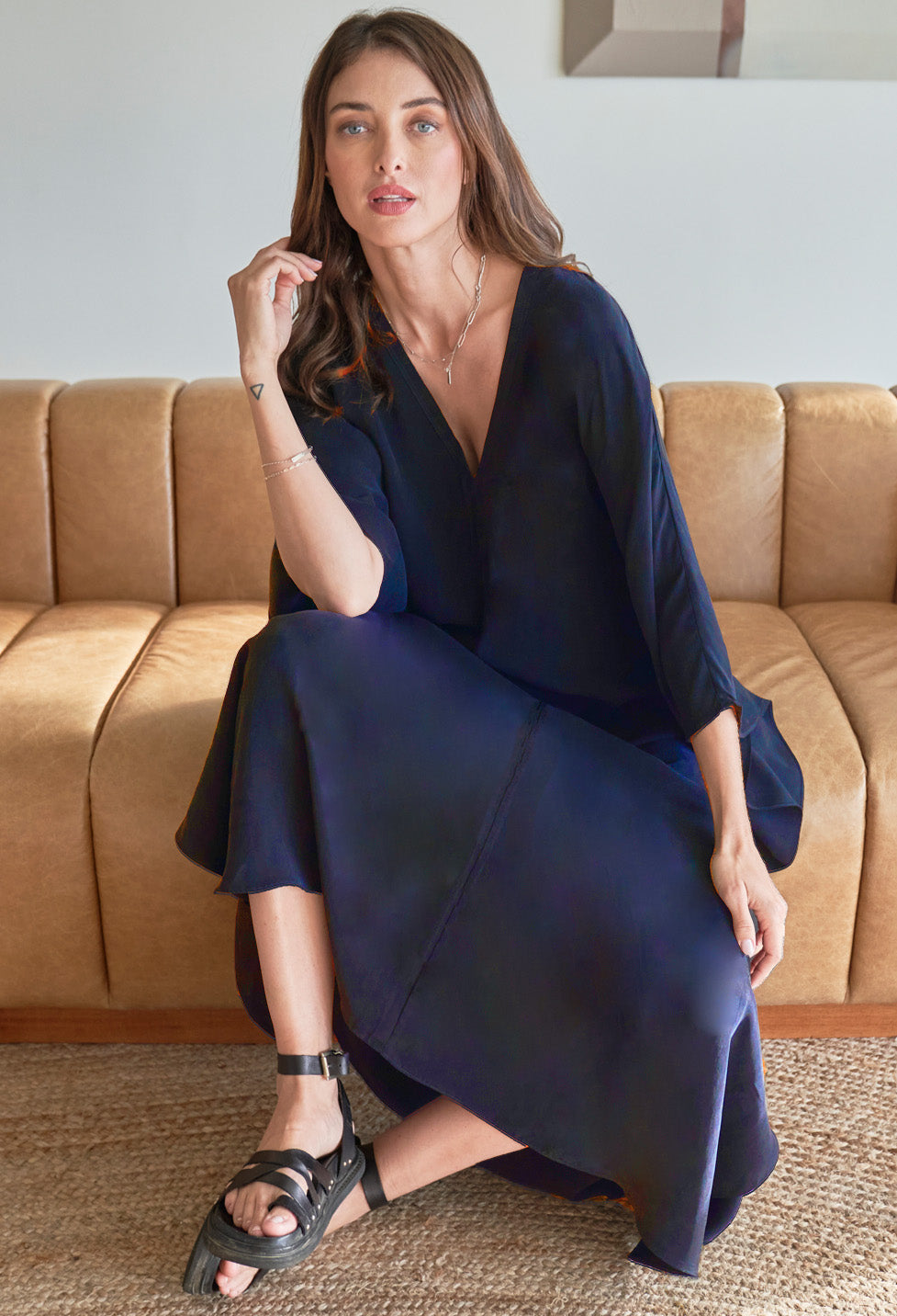 Navy Cupro Caftan with Removable Belt
