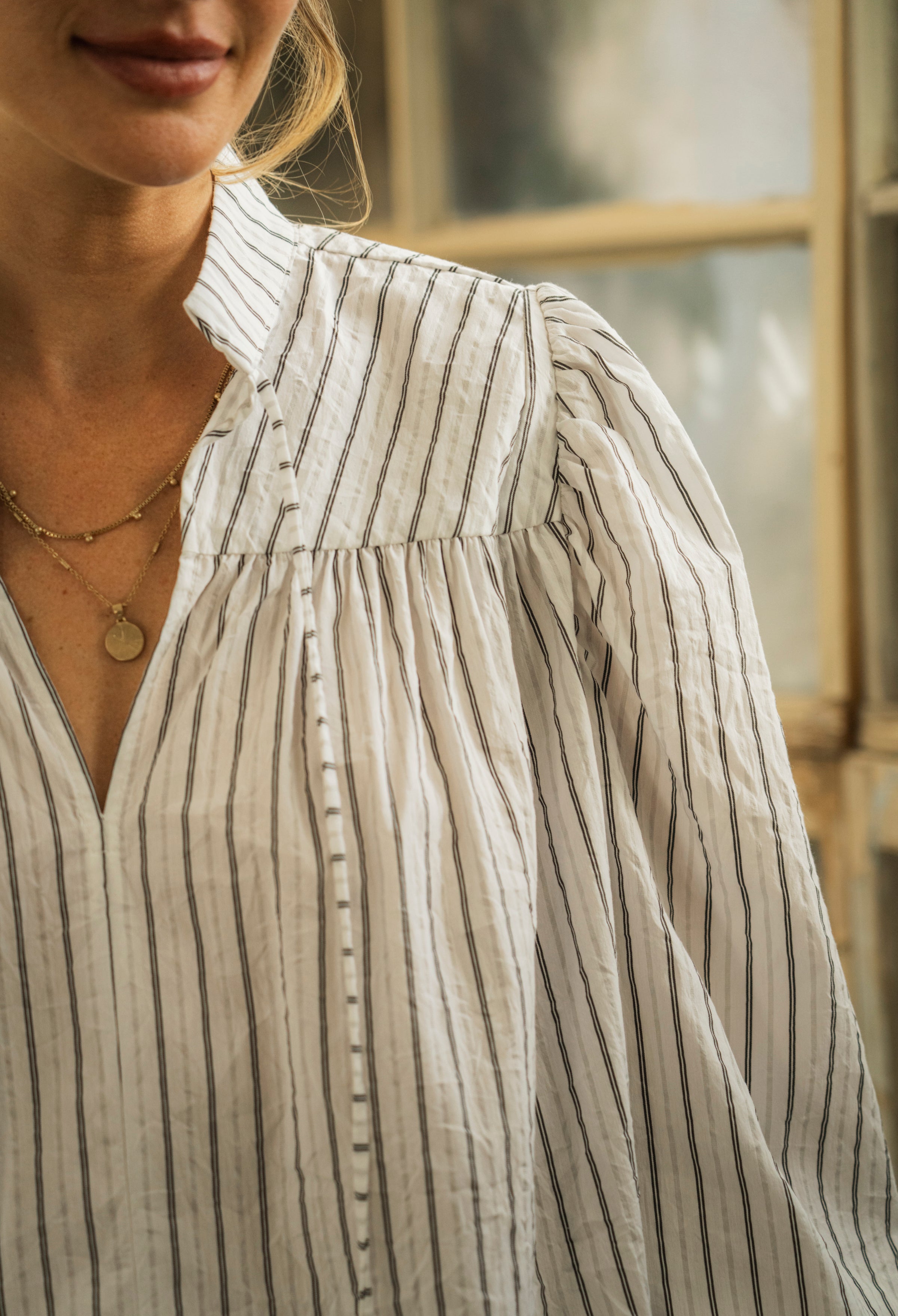 UPCYCLED: LIMITED EDITION Black & White Mini Stripe Tie Neck Top