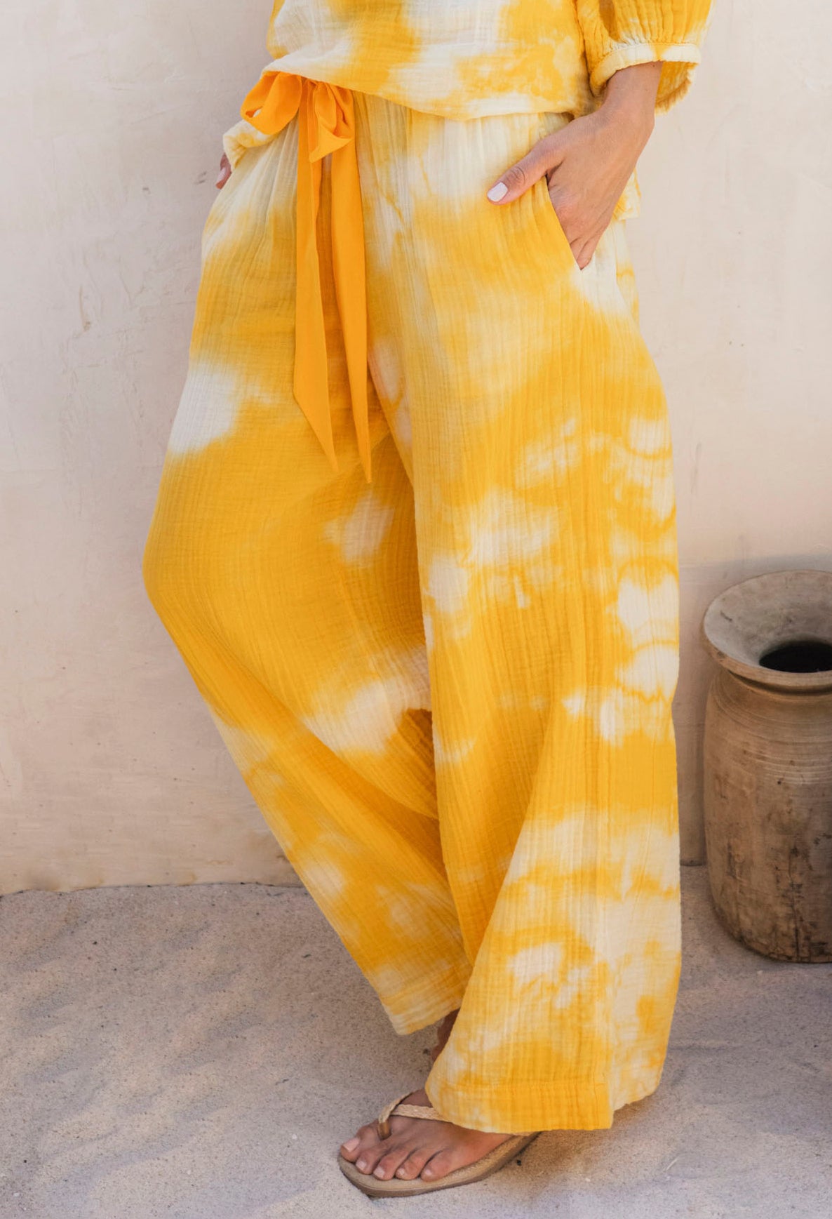 Sunflower Tie Dye Gauze Palazzo Pant with Satin Tie Belt