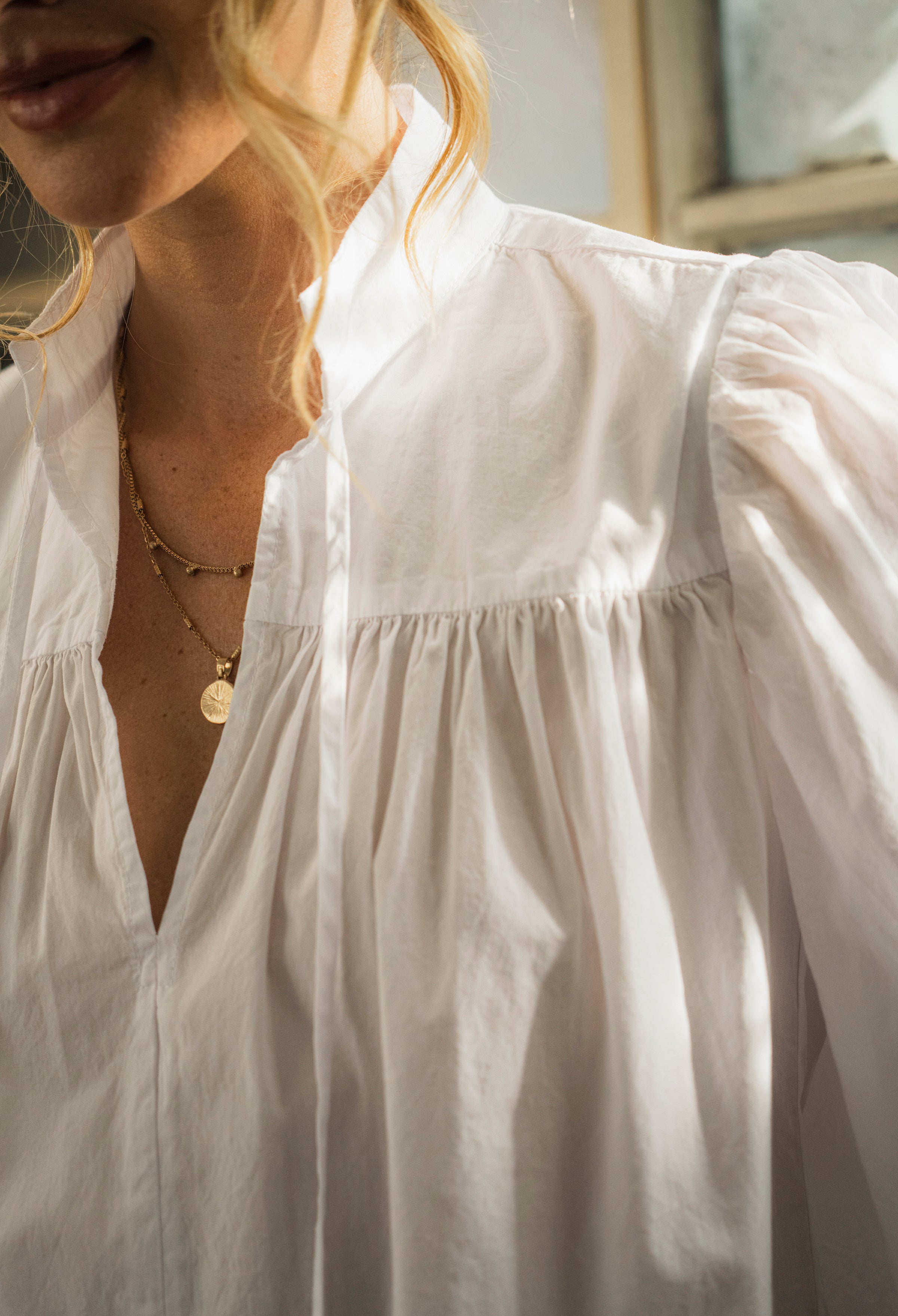 White Cotton Tie Neck 3/4 Sleeve Top