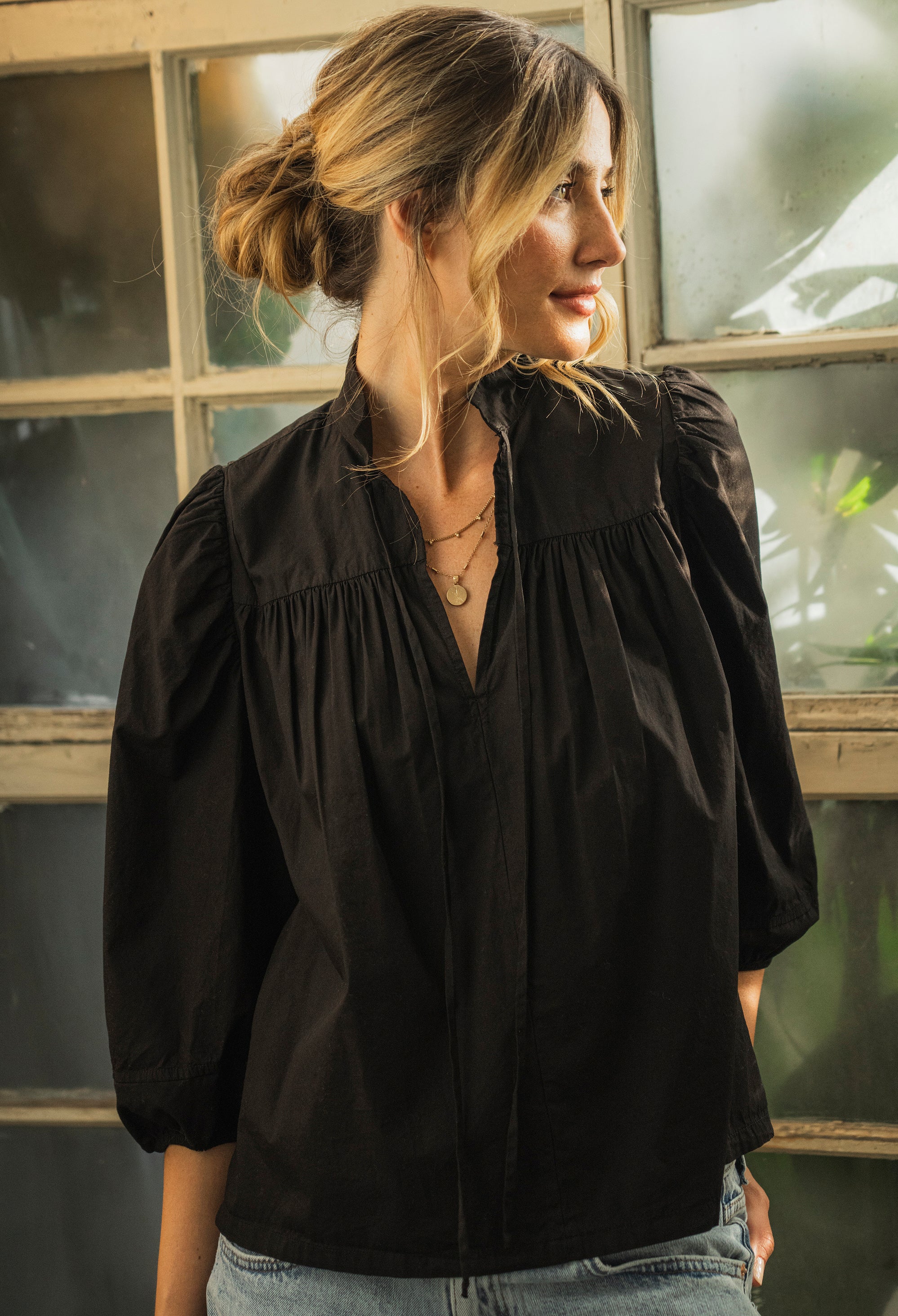 Black Cotton Tie Neck 3/4 Sleeve Top