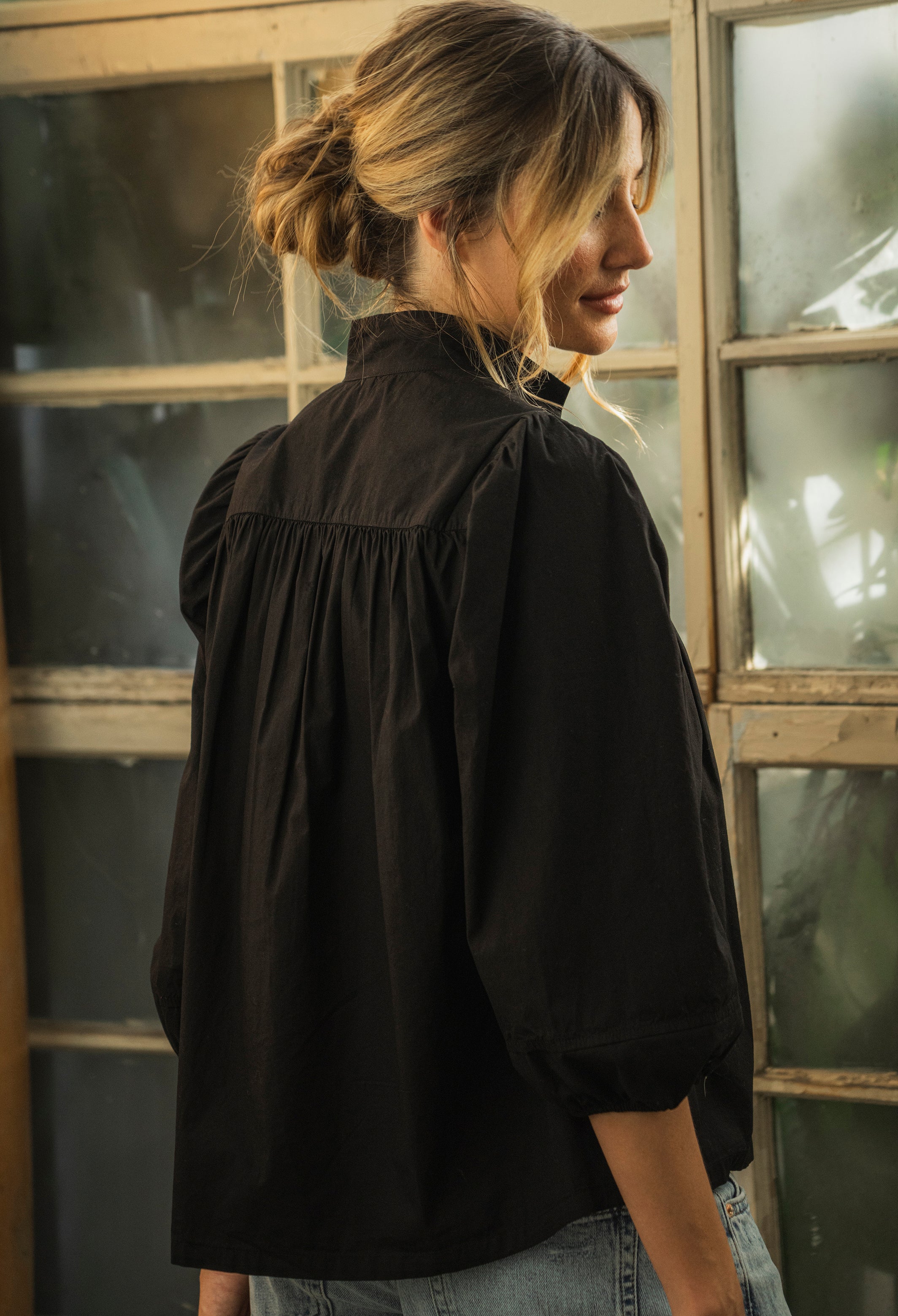 Black Cotton Tie Neck 3/4 Sleeve Top