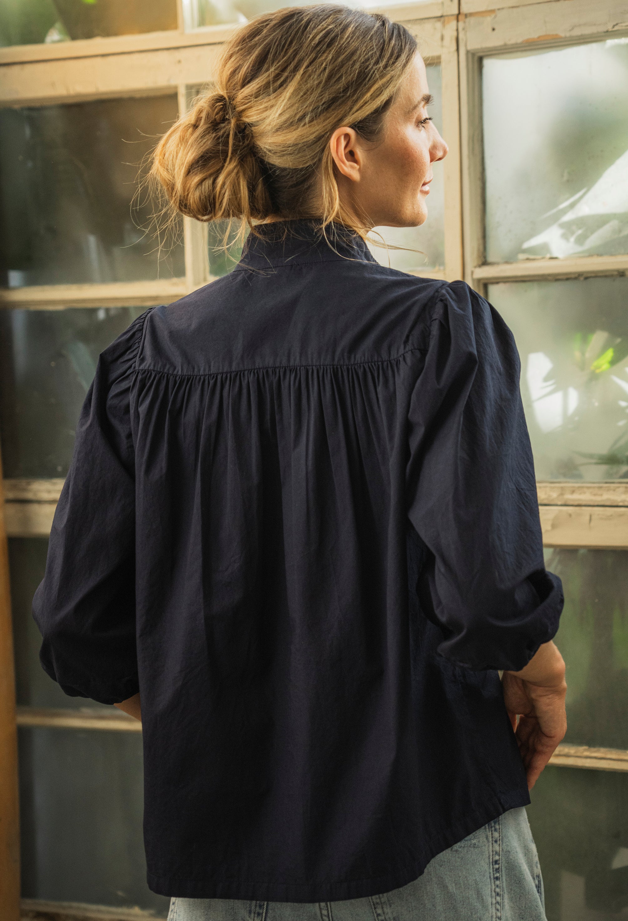 Navy Cotton Tie Neck 3/4 Sleeve Top