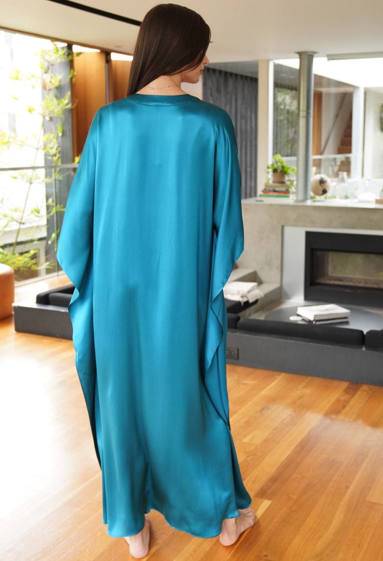 Aquamarine Silk Charmeuse V - Neck Placket Long Caftan - ocean+main