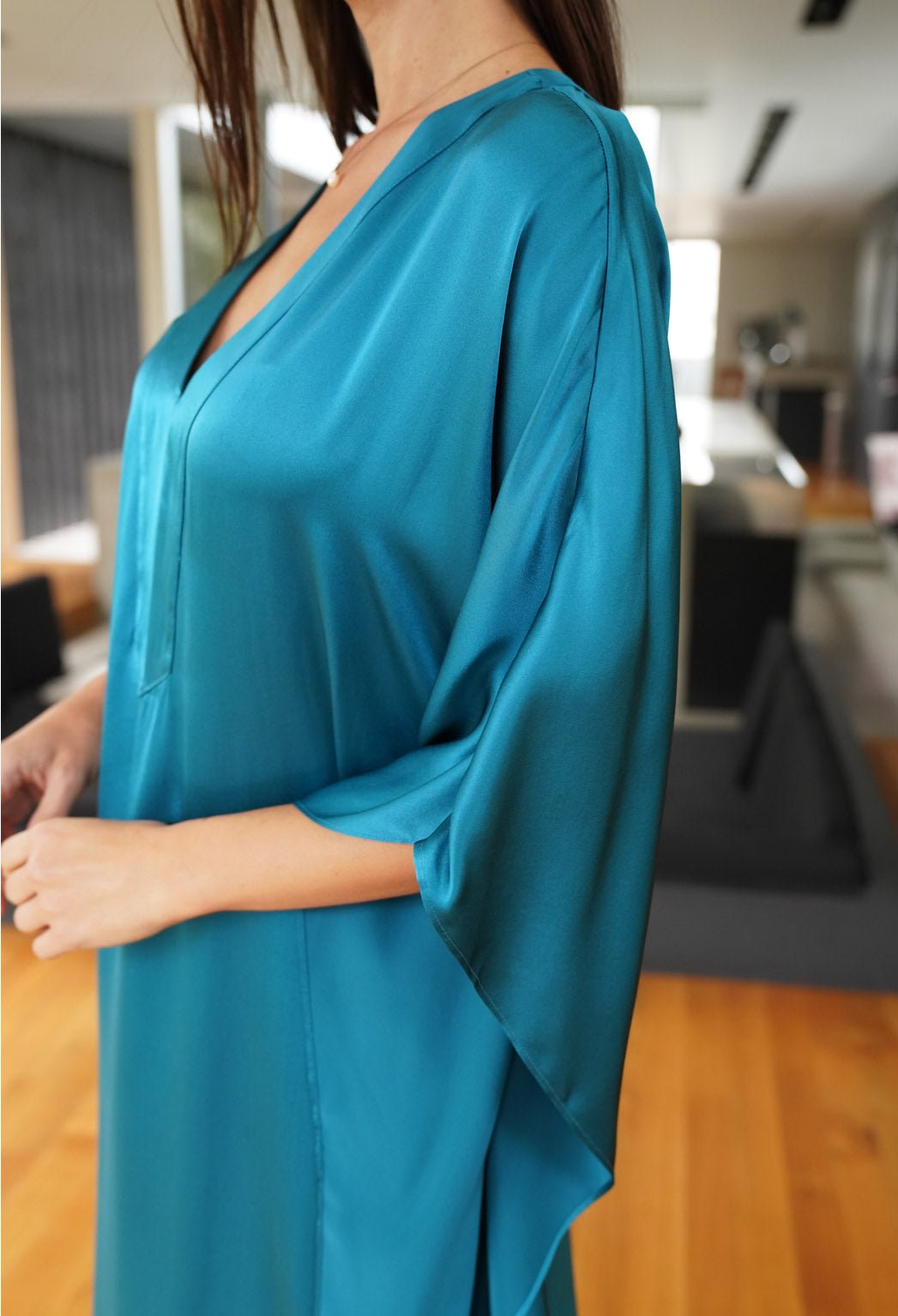 Aquamarine Silk Charmeuse V - Neck Placket Long Caftan - ocean+main