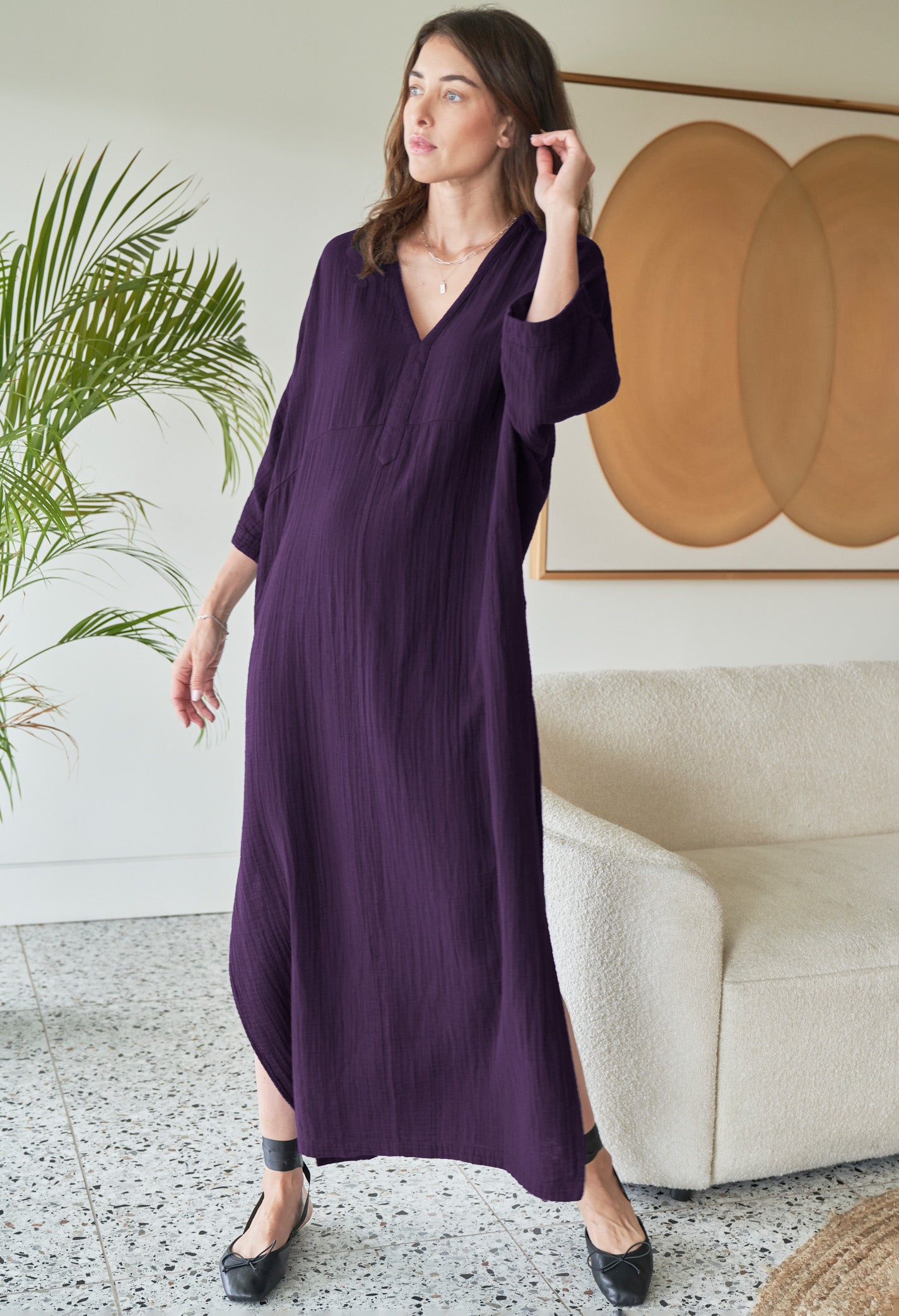 Aubergine Cotton Gauze Arc Seam Caftan