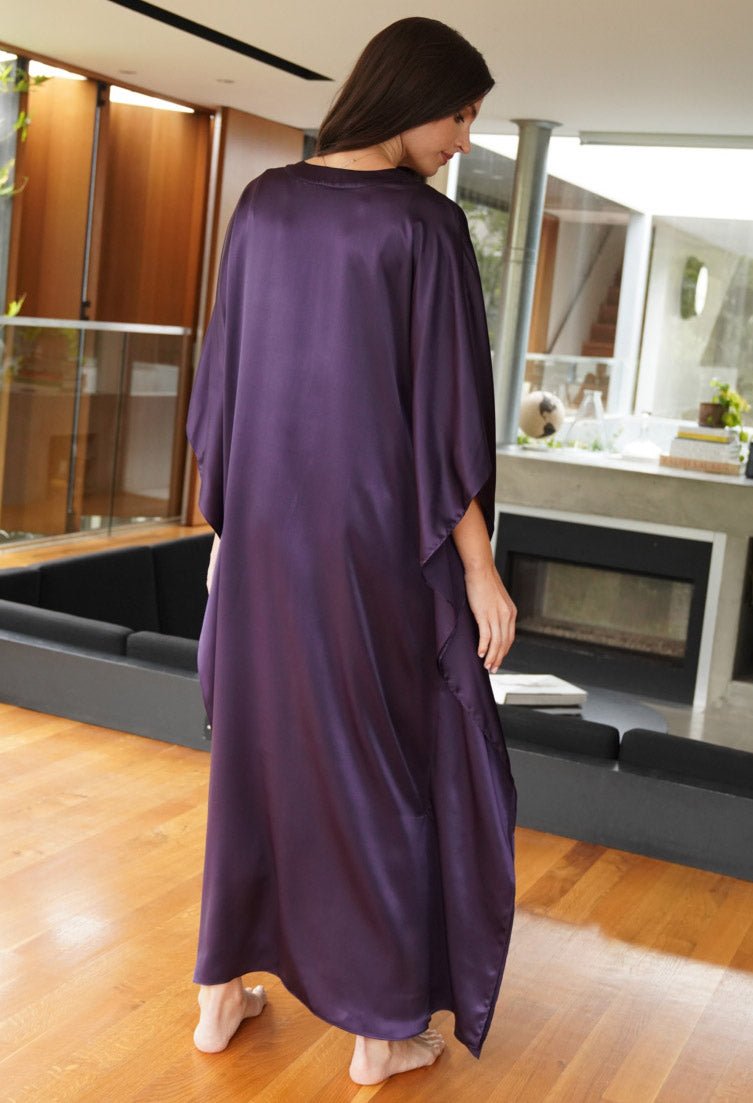 Aubergine Silk Charmeuse V - Neck Placket Long Caftan - ocean+main