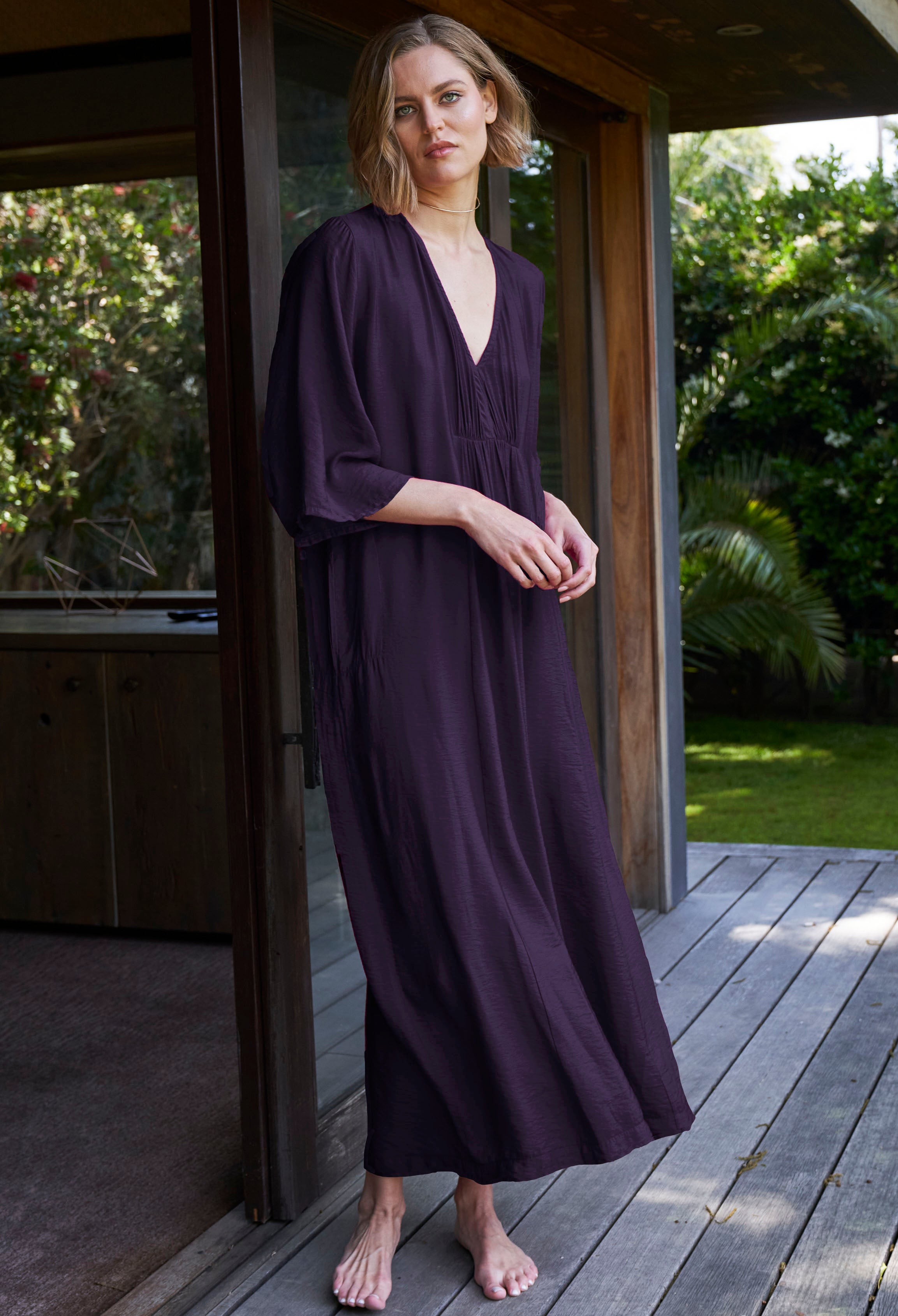 Aubergine Cupro Rouched Front Caftan